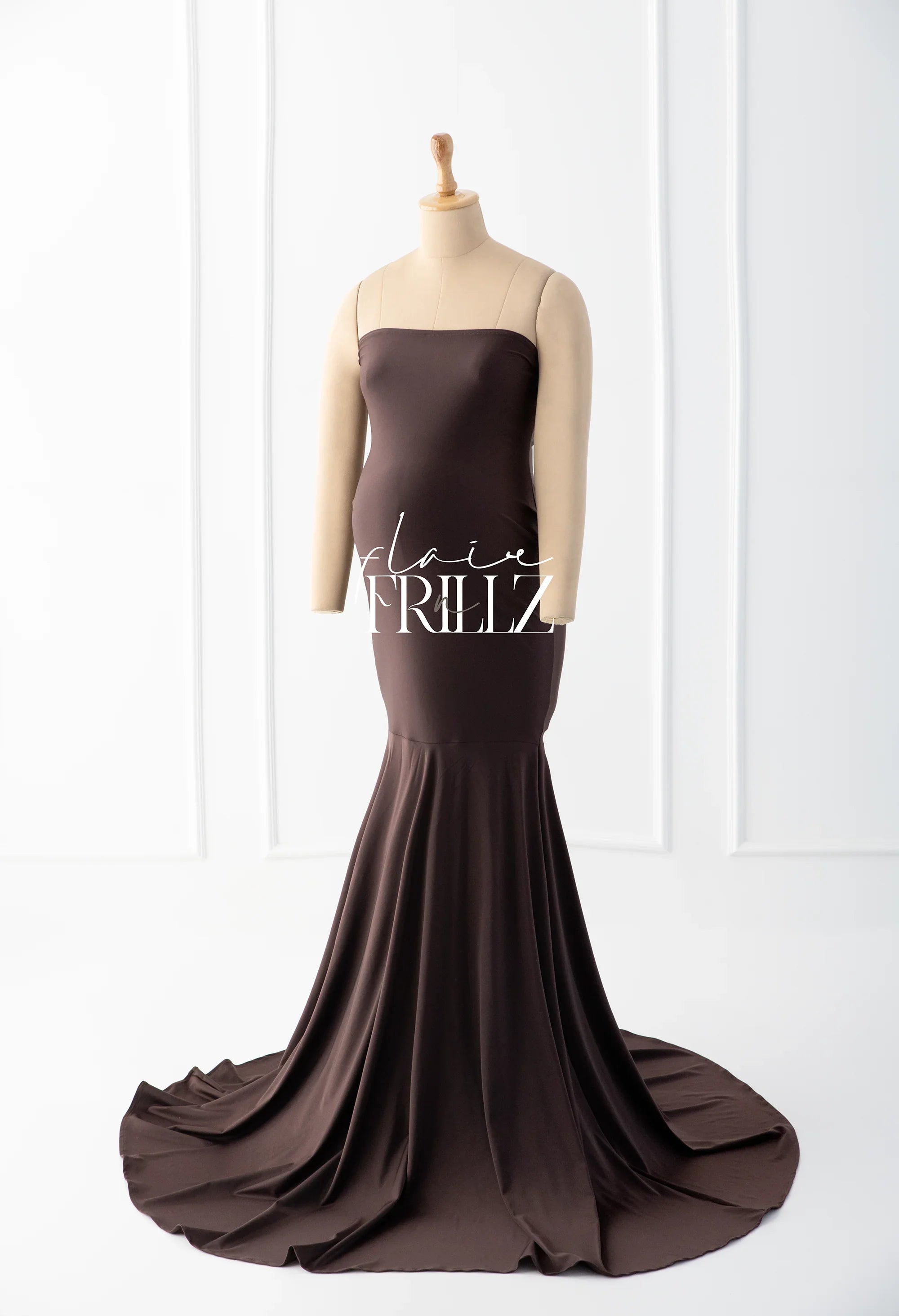Chocolate brown strapless maternity gown with mermaid silhouette on mannequin