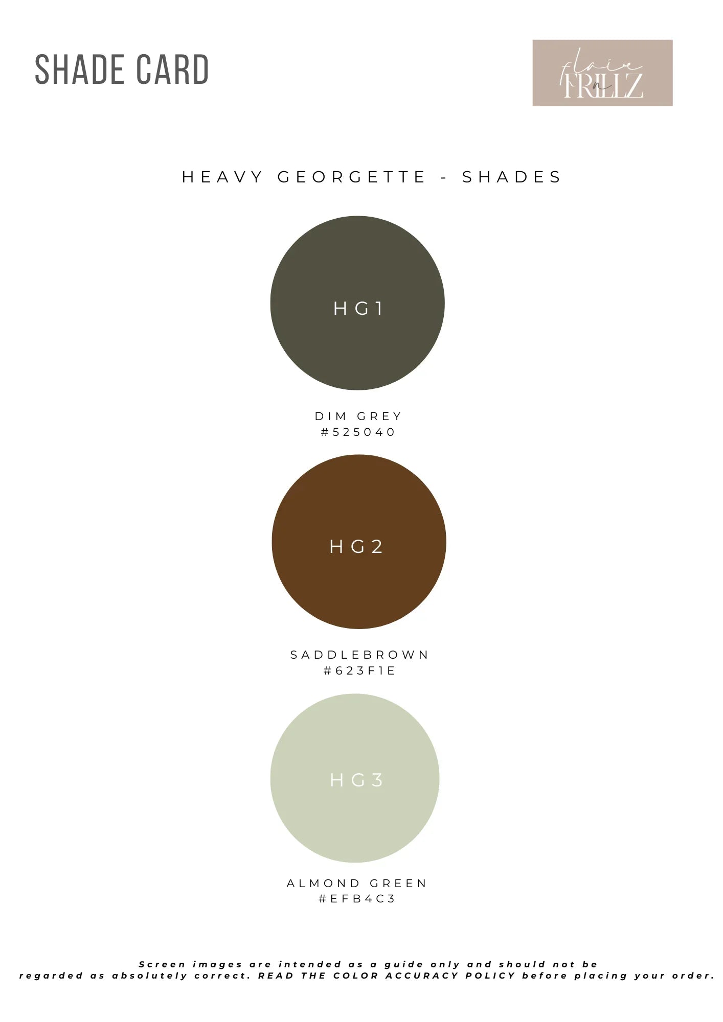 Heavy Georgette fabric shade card featuring dim grey, saddlebrown, and almond green color swatches.
