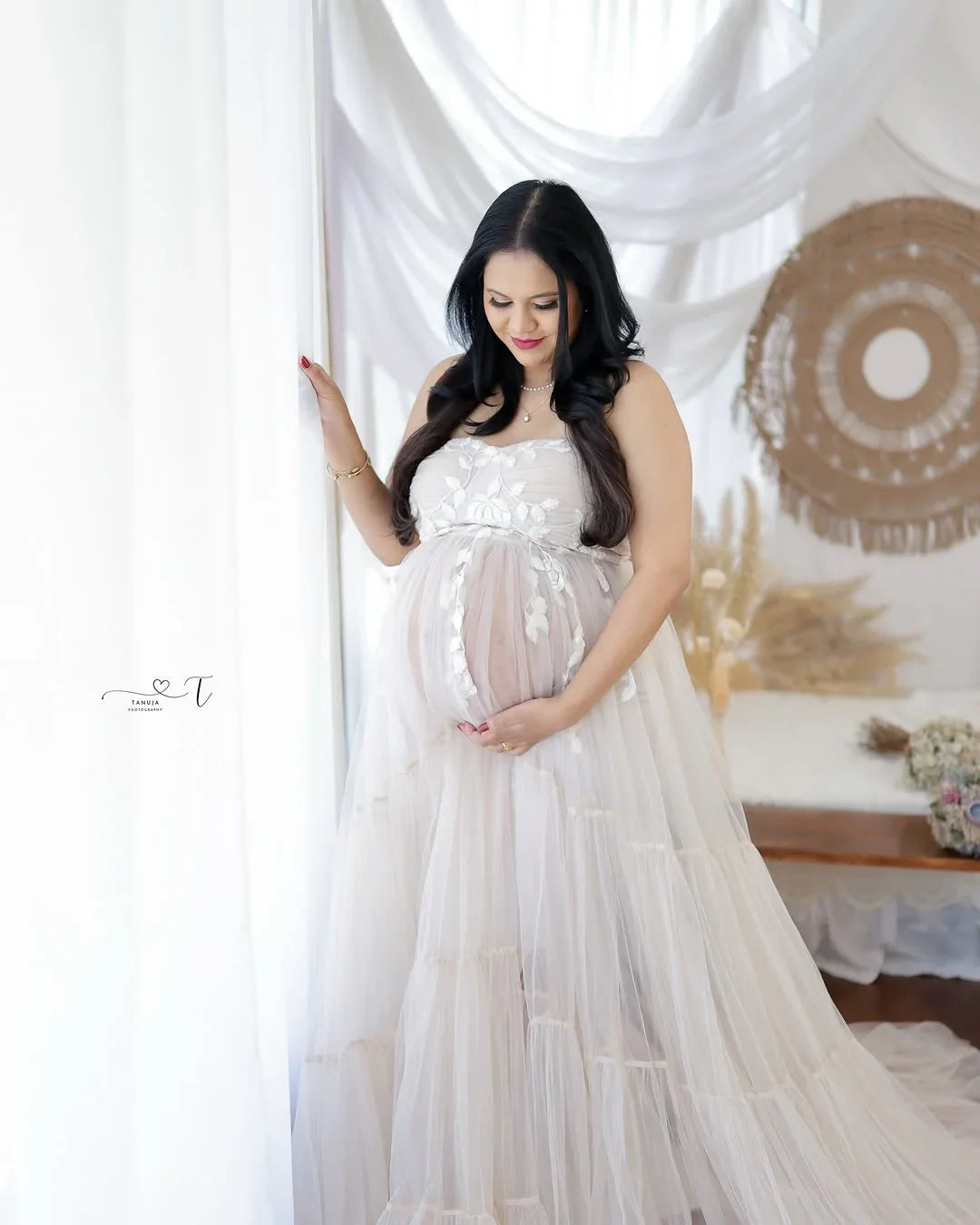 Elegant Elsa Gown maternity dress by FlairNFrillz, featuring flowing fabric and a comfortable fit for expecting mothers.