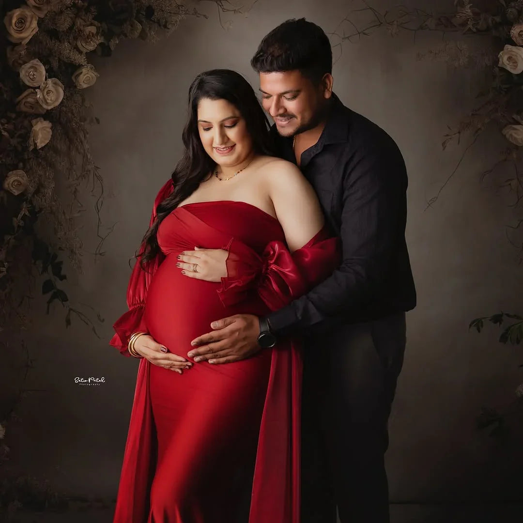 Lyla Red Maternity Robe Gown by FlairNFrillz, soft fabric with elegant design, perfect for maternity wear.