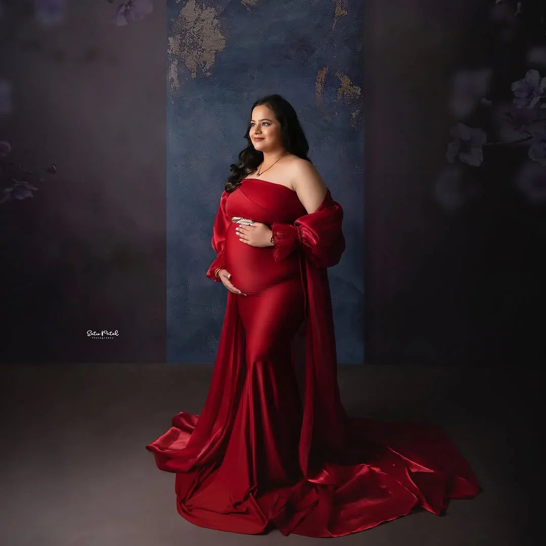 Lyla Red Maternity Robe Gown by FlairNFrillz, flowing fabric with lace accents, designed for comfort and elegance during pregnancy.