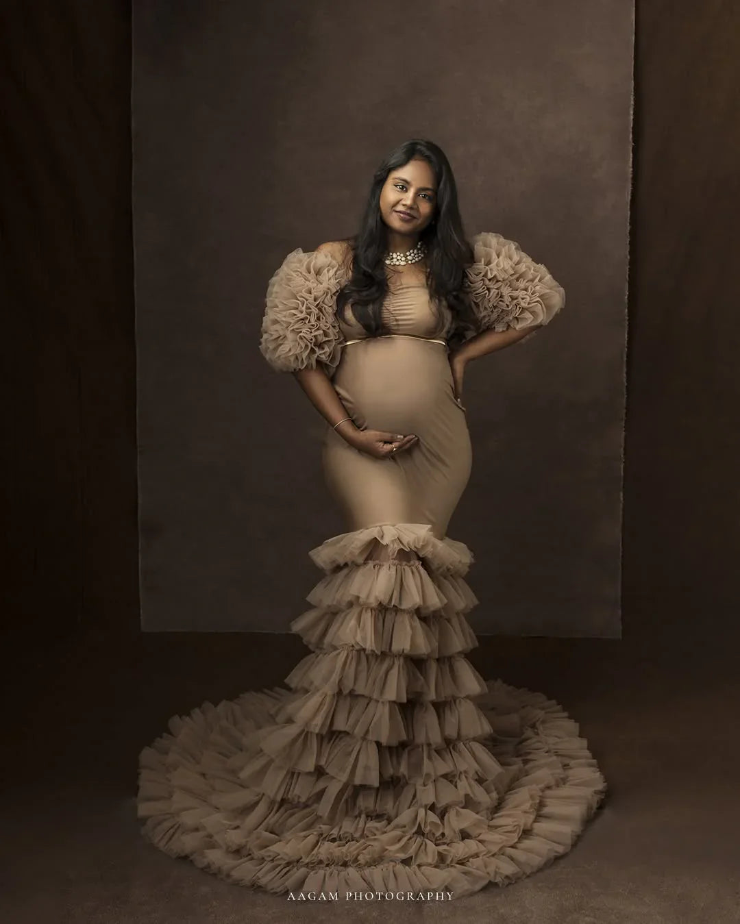 Ember Nude Maternity Gown by FlairNFrillz, flowing dress with elegant design, perfect for expecting mothers.