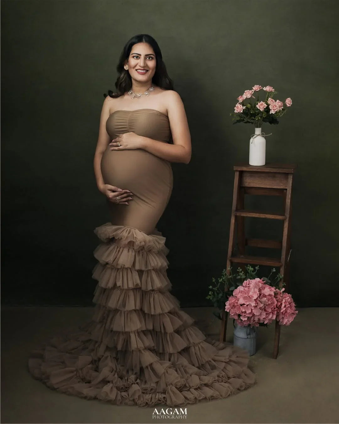Ember Nude Maternity Dress by FlairNFrillz, flowing gown with soft fabric and elegant design, perfect for expecting mothers.