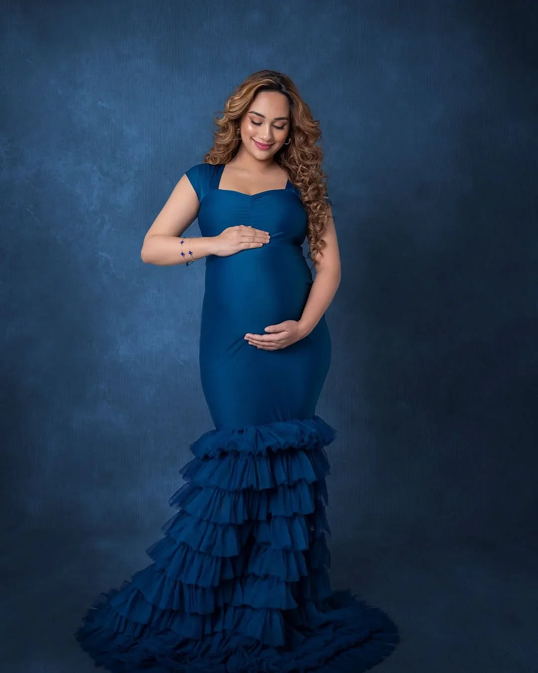 FlairNFrillz Ember Teal Maternity Dress with flowing fabric and elegant design, perfect for expecting mothers.