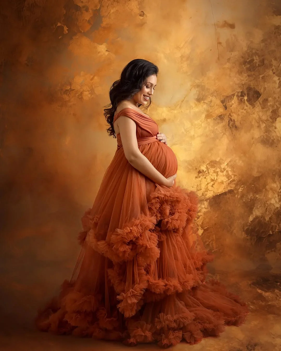 Taylor Rust convertible maternity gown by FlairNFrillz, featuring a flowing rust-colored fabric and elegant design.