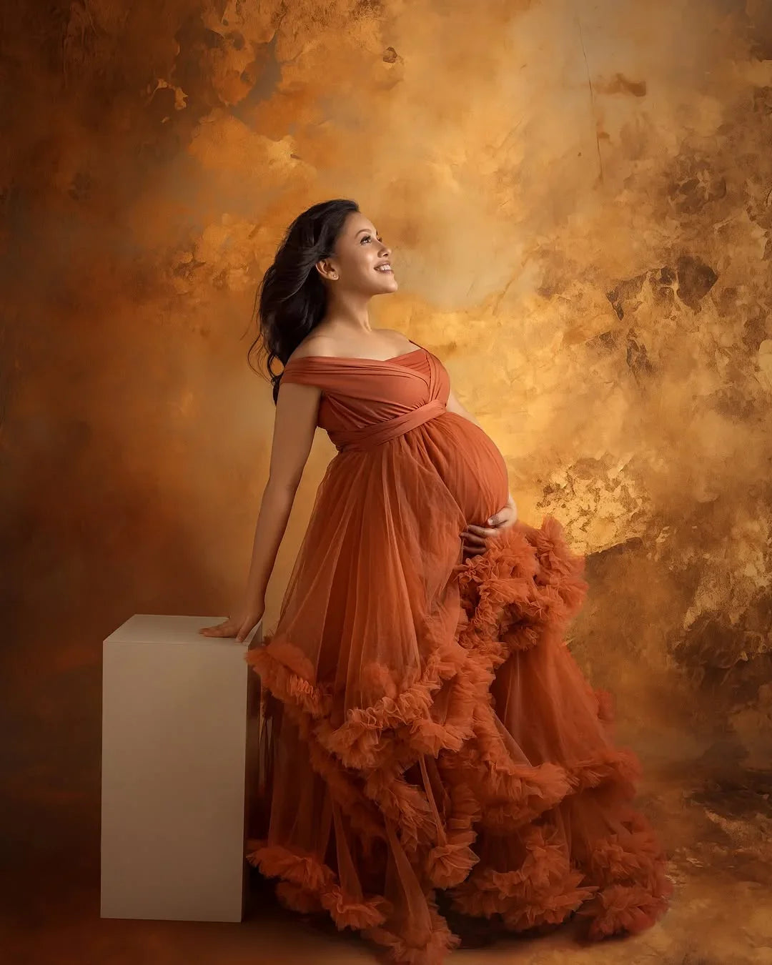 FlairNFrillz Taylor Rust Convertible Maternity Gown, elegant maternity dress with flowing fabric and versatile design.