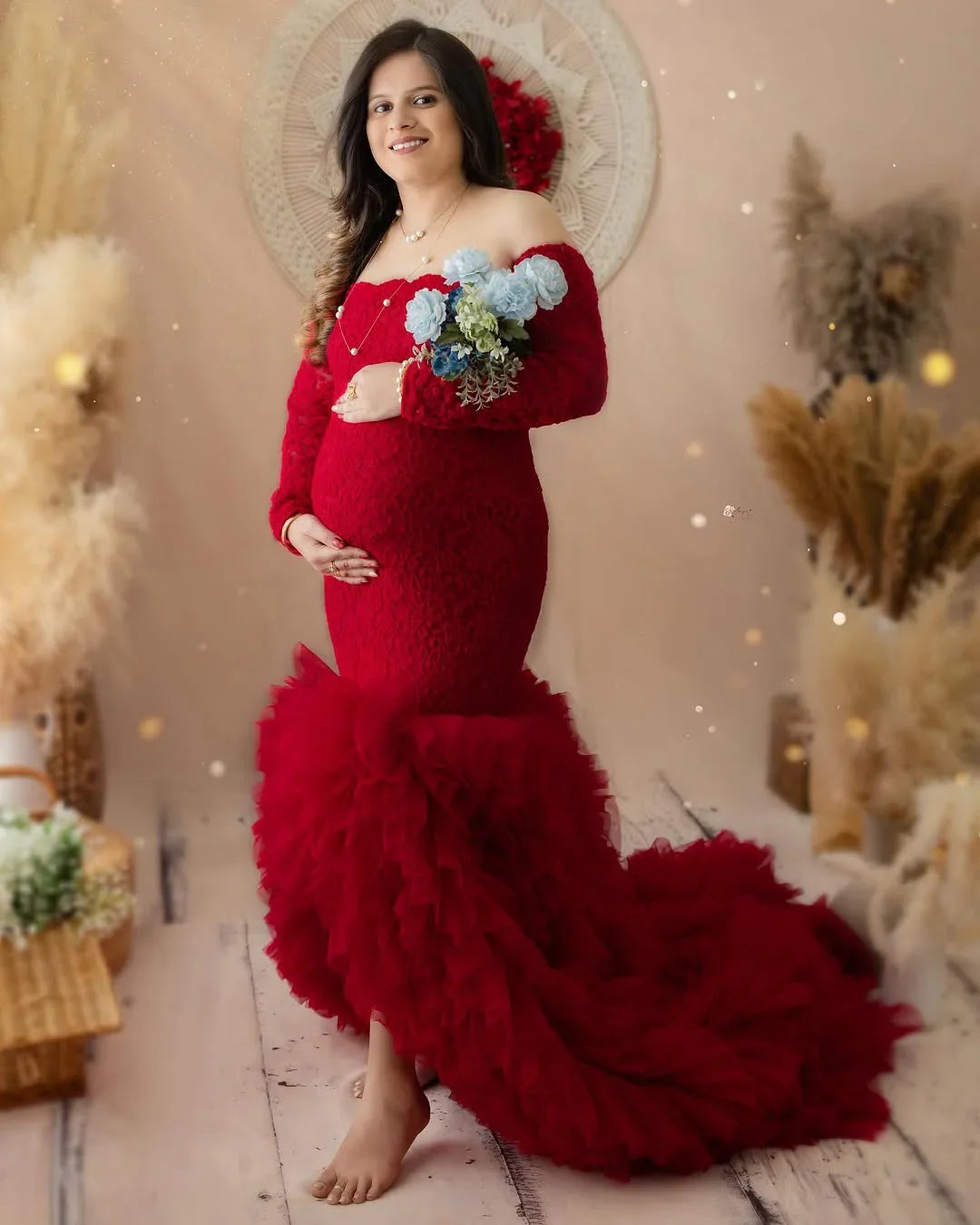 FlairNFrillz Raya Fishtail Maternity Dress in elegant fabric, showcasing a fitted bodice and flowing fishtail skirt.