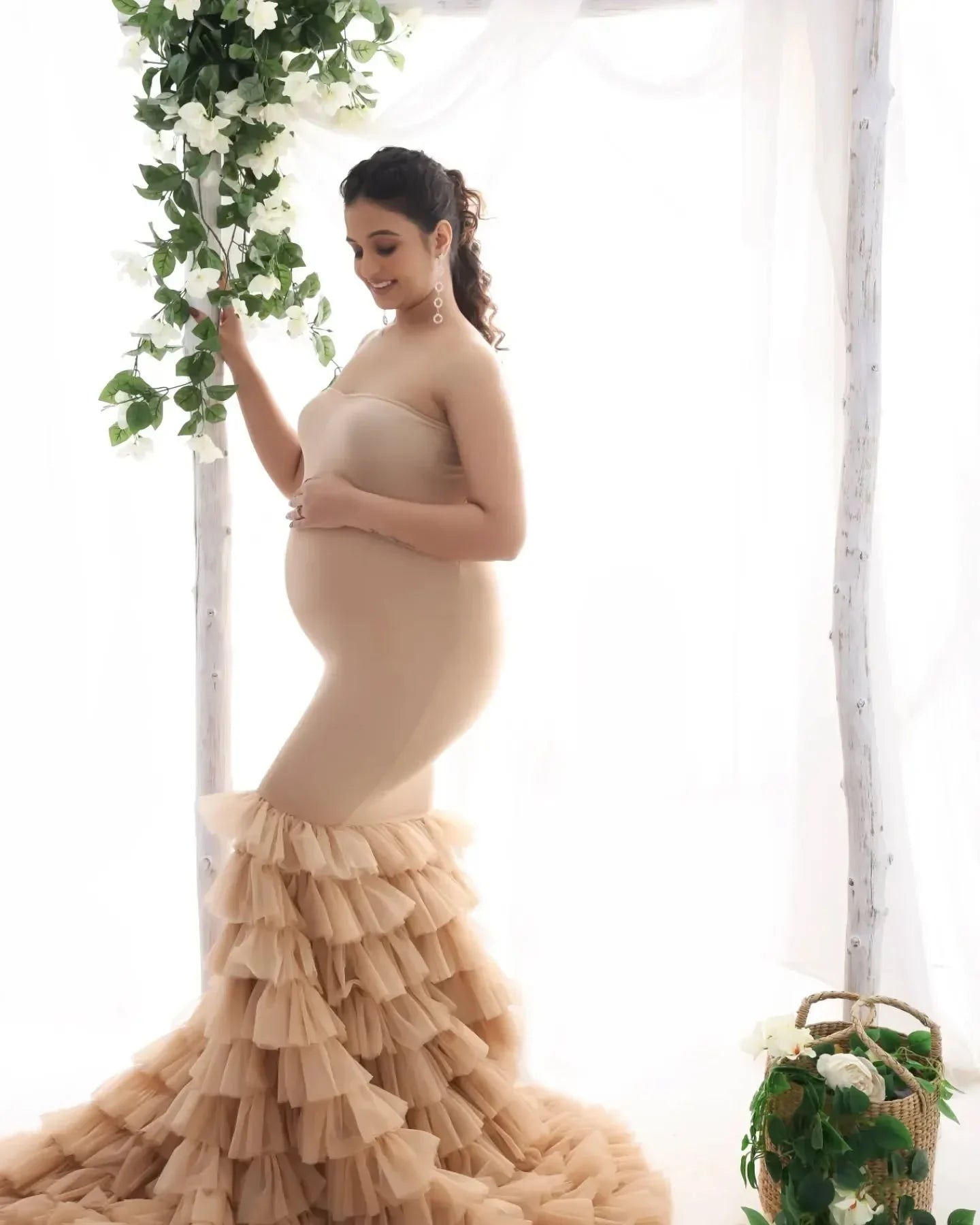 Ember Nude maternity gown by FlairNFrillz, flowing maternity dress with elegant fabric, perfect for expecting mothers.