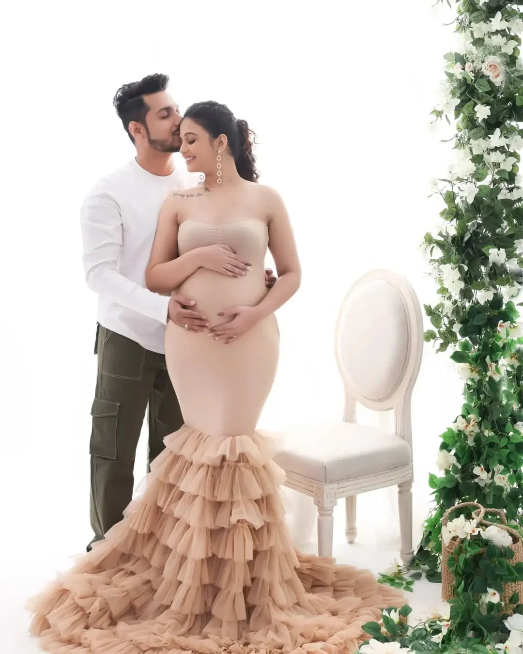 Ember Nude Maternity Gown by FlairNFrillz, flowing fabric, elegant design, perfect for expecting mothers, shown in soft nude color.