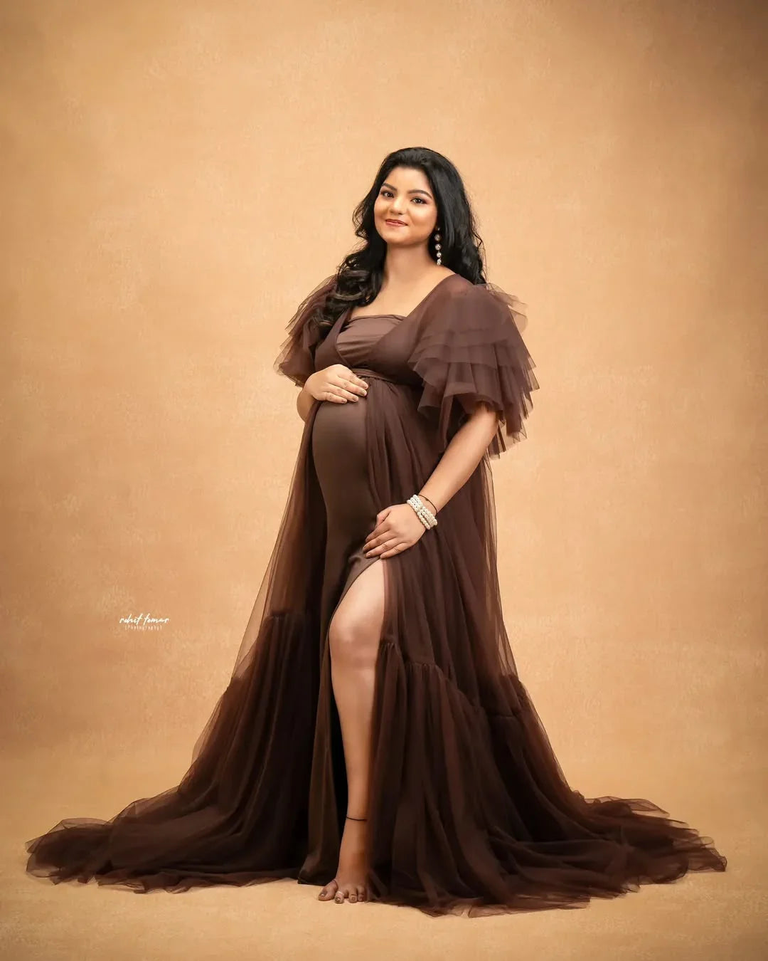 FlairNFrillz Eloise maternity robe gown in soft fabric, featuring a relaxed fit and elegant design for expecting mothers.