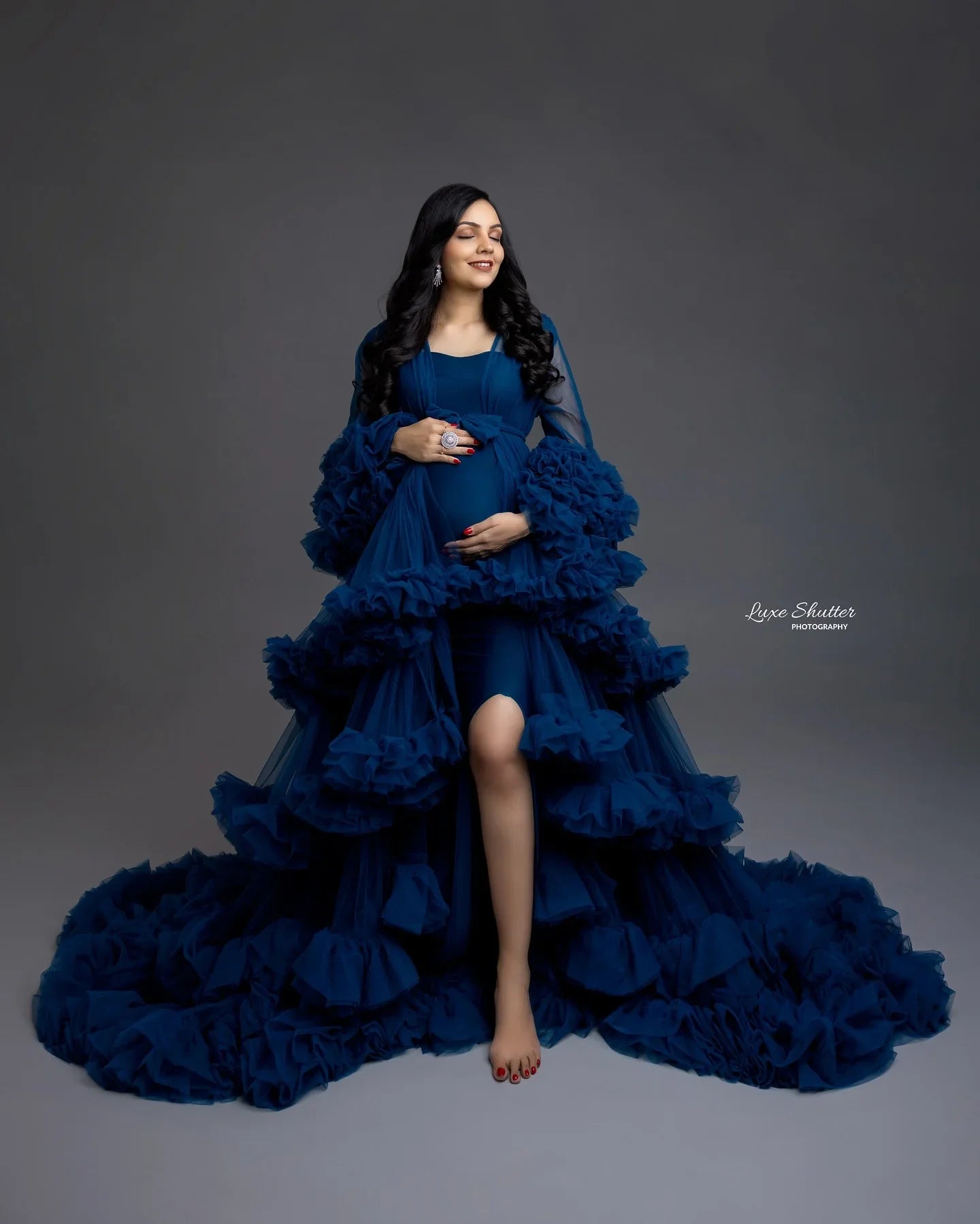 FlairNFrillz Sia Maternity Robe Gown with soft fabric, flowing design, perfect for maternity wear and comfortable pregnancy styling.