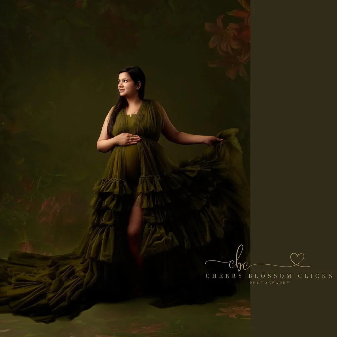 Delilah Olive Maternity Robe Gown by FlairNFrillz, soft fabric with a flowing design, perfect for expecting mothers.