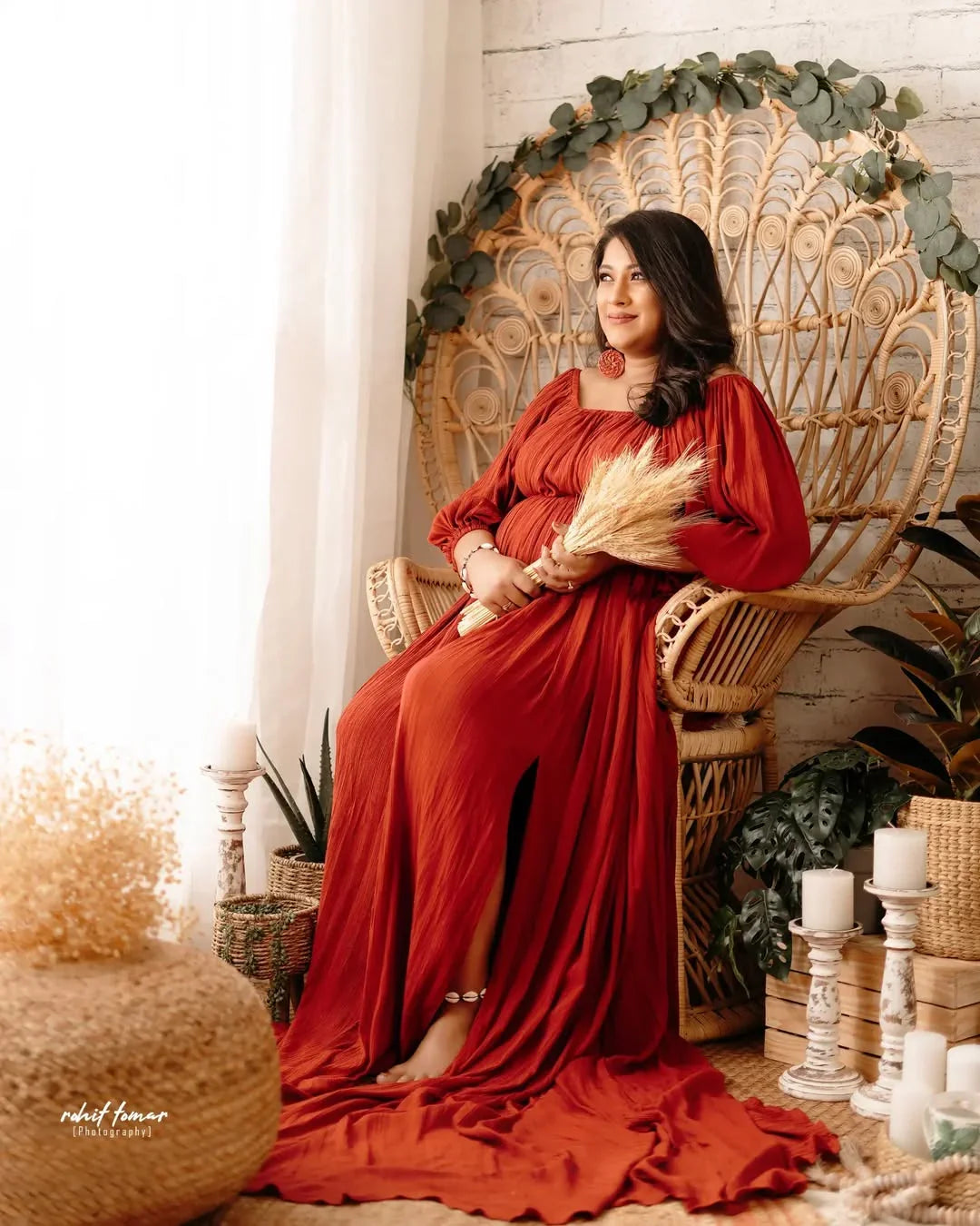 Adah Rust Boho Maternity Dress by FlairNFrillz featuring relaxed fit, flowy fabric, and bohemian style for expecting mothers.