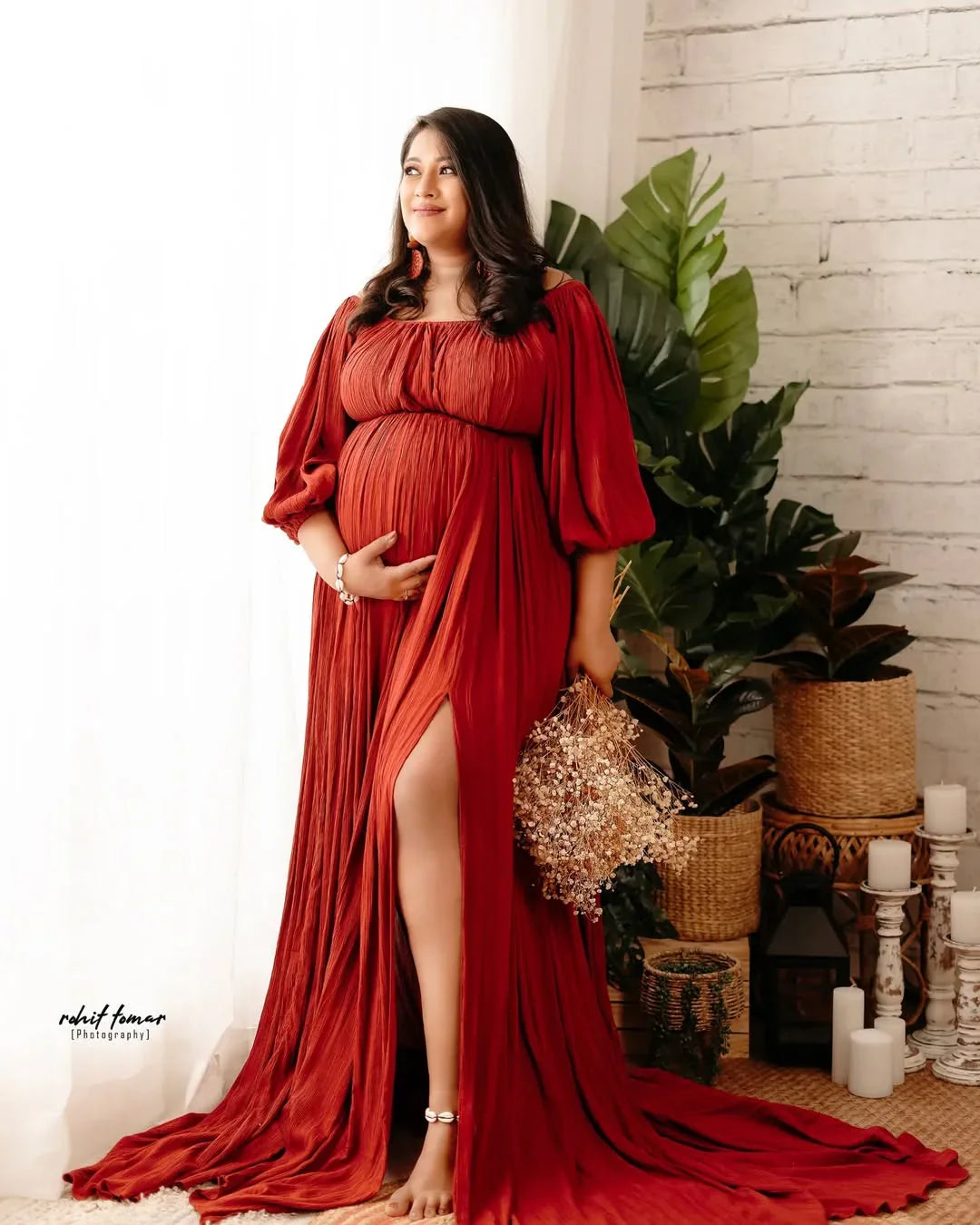 Rust boho maternity gown by FlairNFrillz, featuring flowing fabric and bohemian style, perfect for expecting mothers.
