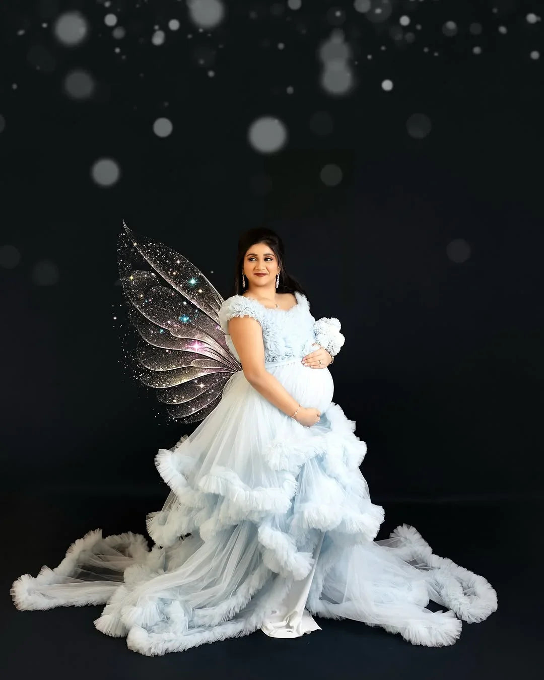 FlairNFrillz Erin Blue maternity gown, flowing blue maternity dress with elegant design, suitable for special occasions or photoshoots.