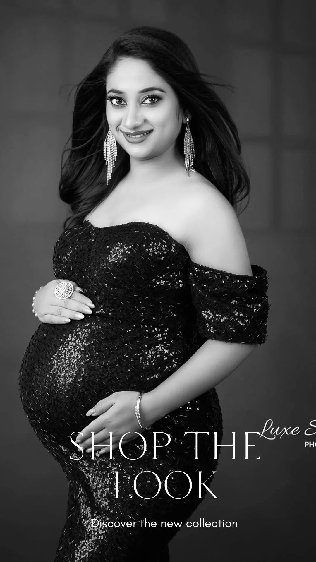 Elegant maternity gown with sequins worn by pregnant woman in photoshoot