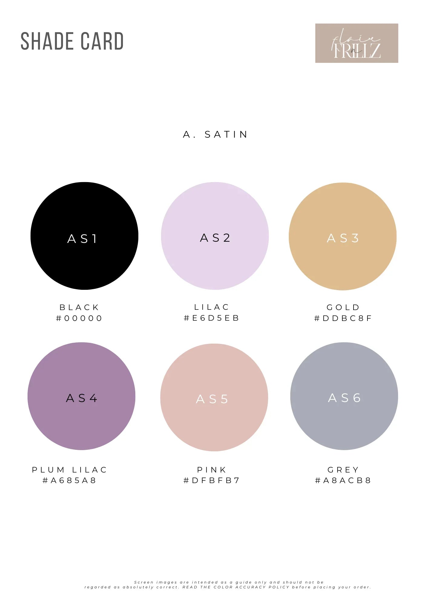Satin fabric shade card with black, lilac, gold, plum lilac, pink, and grey color options.