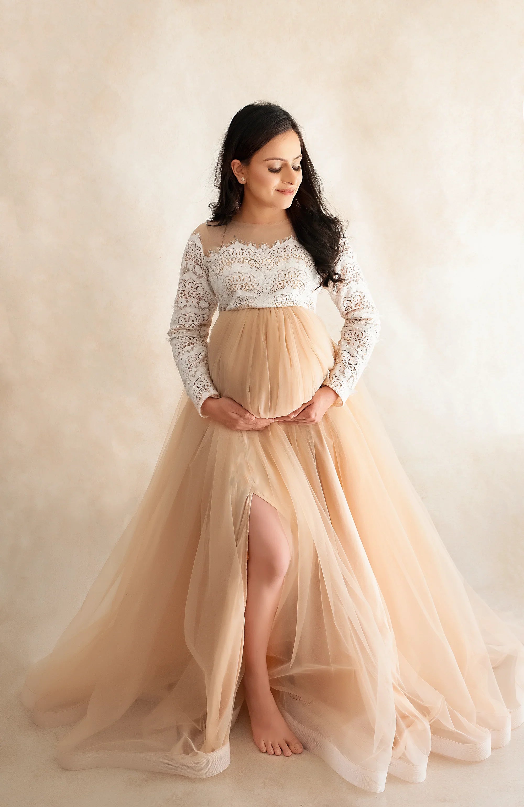 FlairNFrillz Quinn Maternity Gown showcasing a comfortable, elegant maternity dress with flowing fabric and a soft, stylish design.