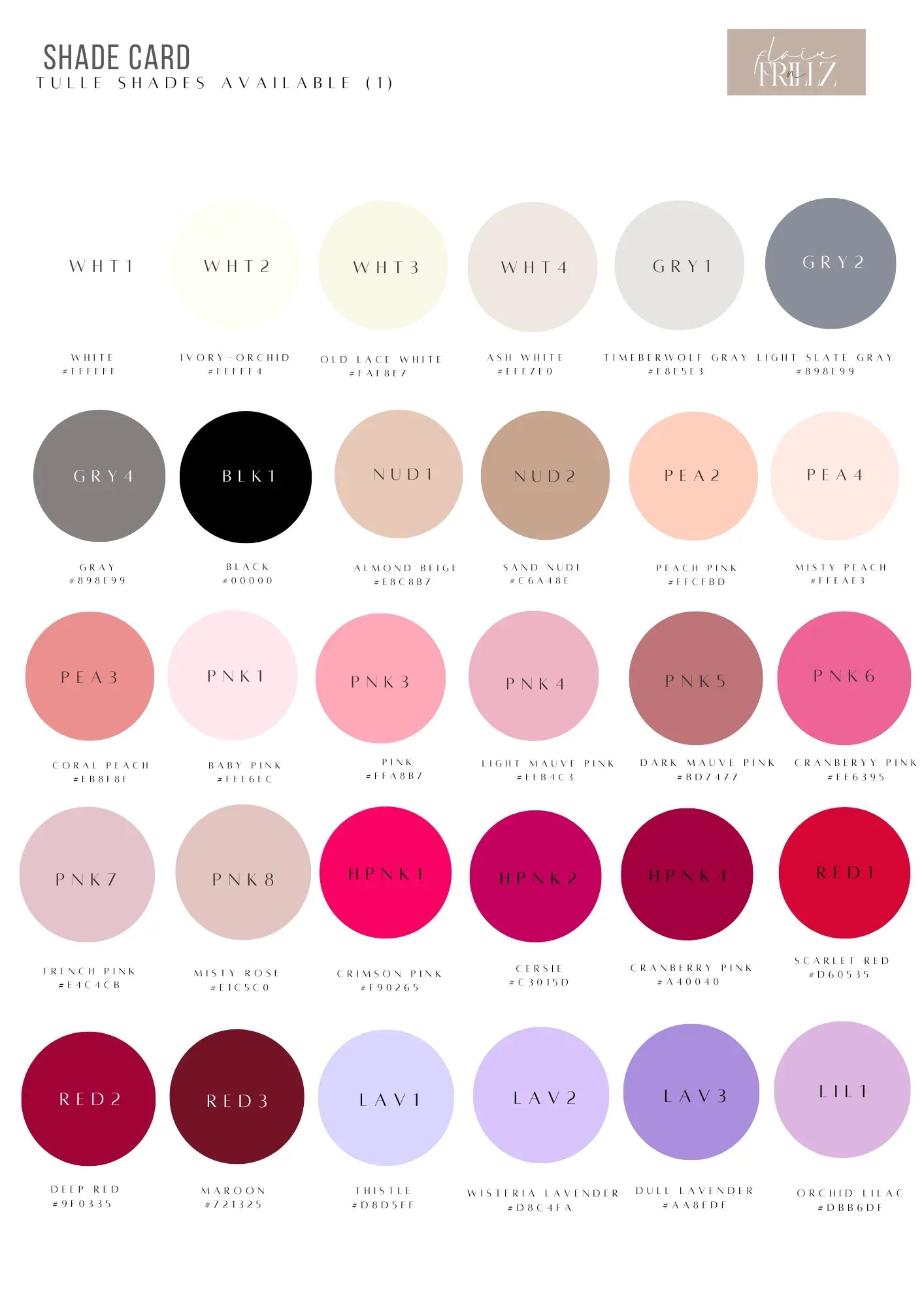 Color shade card for maternity wear featuring tulle shades in pinks, reds, lavenders, and neutrals