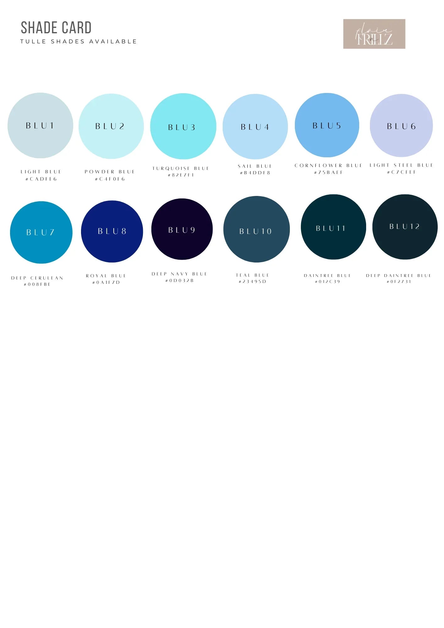 Blue tulle shade card with 12 color options for maternity wear, from light to deep navy tones