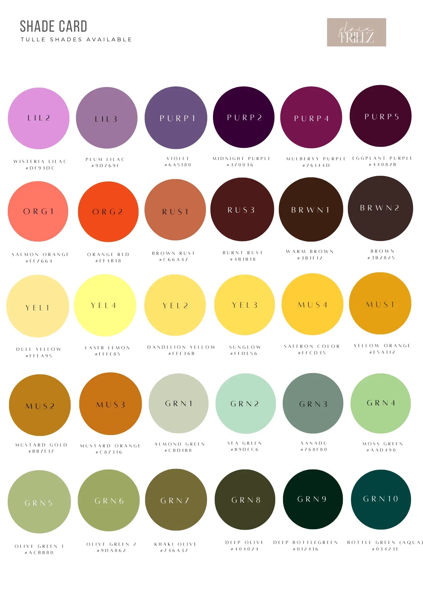 Color shade card for maternity wear featuring tulle shades in purple, orange, yellow, and green tones.