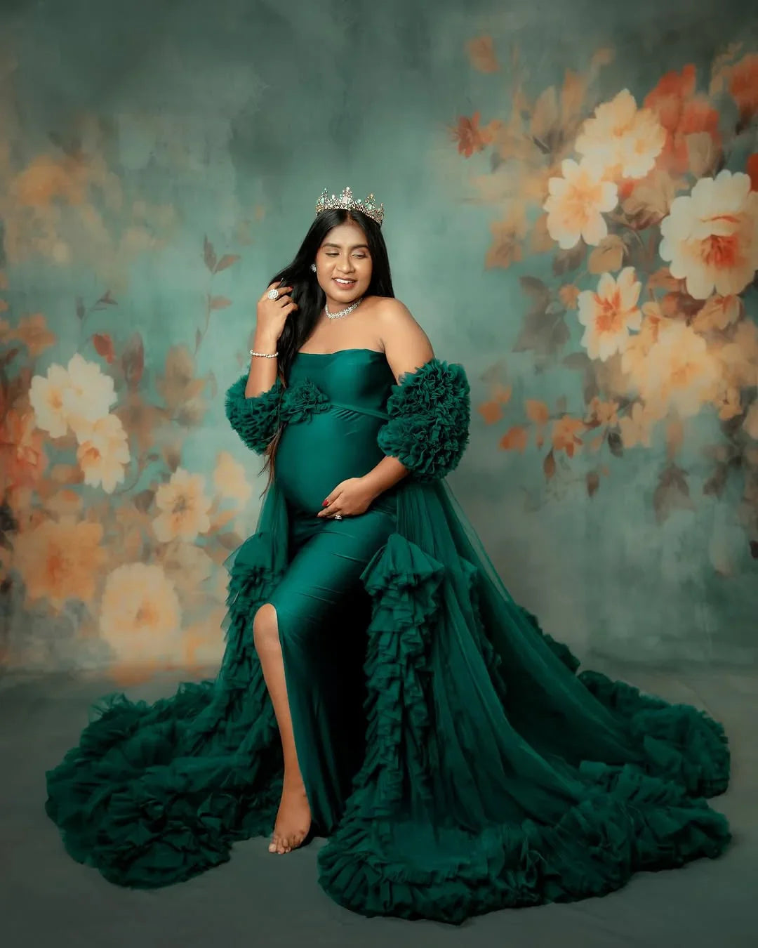 FlairNFrillz Adriana maternity robe gown in soft fabric, featuring a flowing design and gentle neckline, perfect for expecting mothers.
