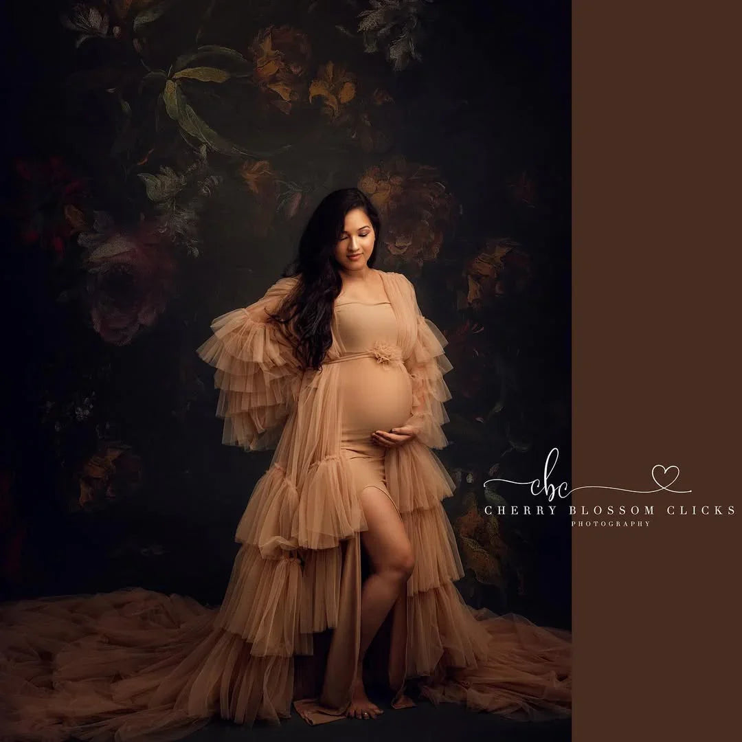 FlairNFrillz Sofia Nude Maternity Robe Gown with flowing fabric and elegant design, perfect for maternity wear.