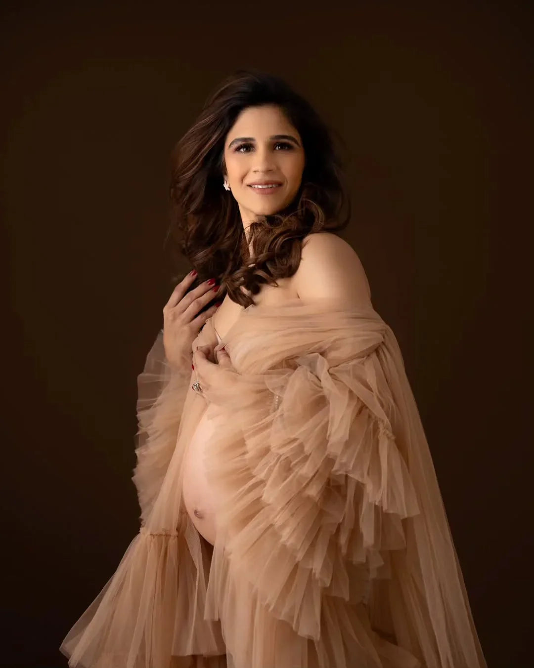 FlairNFrillz Sofia Nude Maternity Robe Gown featuring soft fabric and elegant design, ideal for comfortable maternity wear.