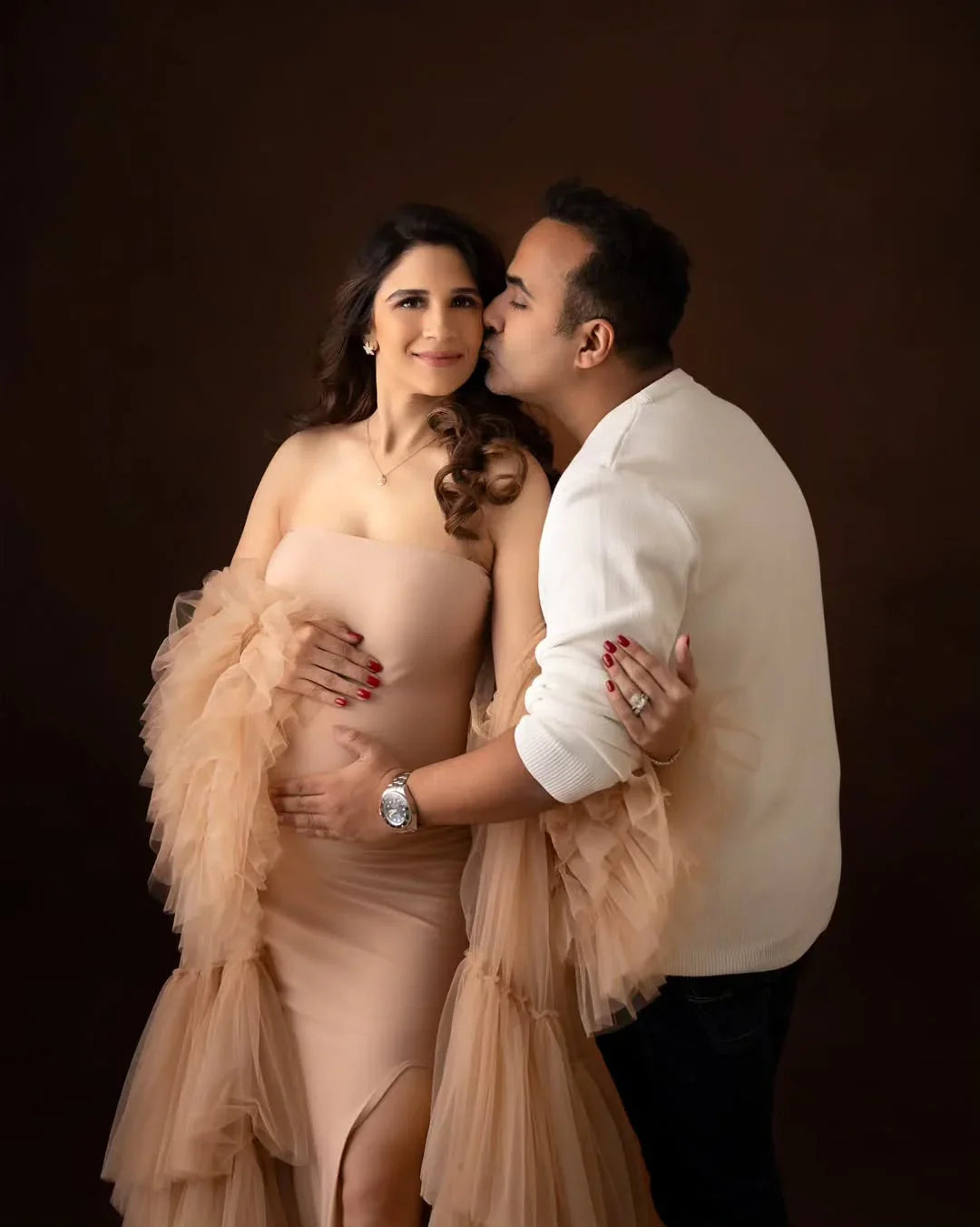 FlairNFrillz Sofia Nude Maternity Robe Gown with soft fabric and elegant design, perfect for comfortable maternity wear.