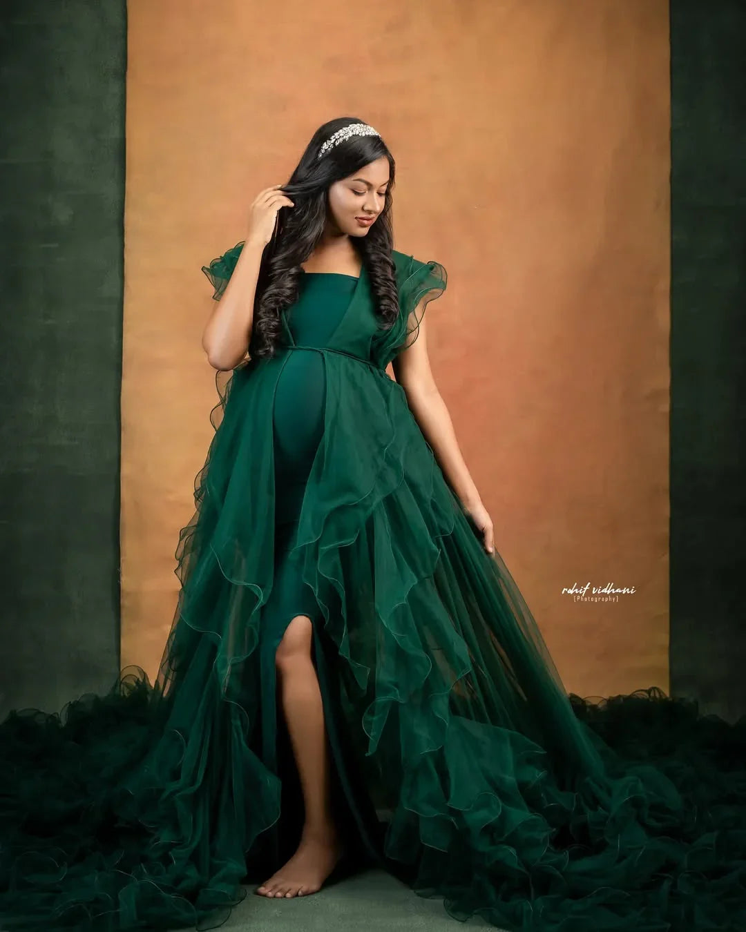 FlairNFrillz Margot Green Maternity Robe Gown with flowing fabric and elegant design, perfect for pregnancy comfort and style.