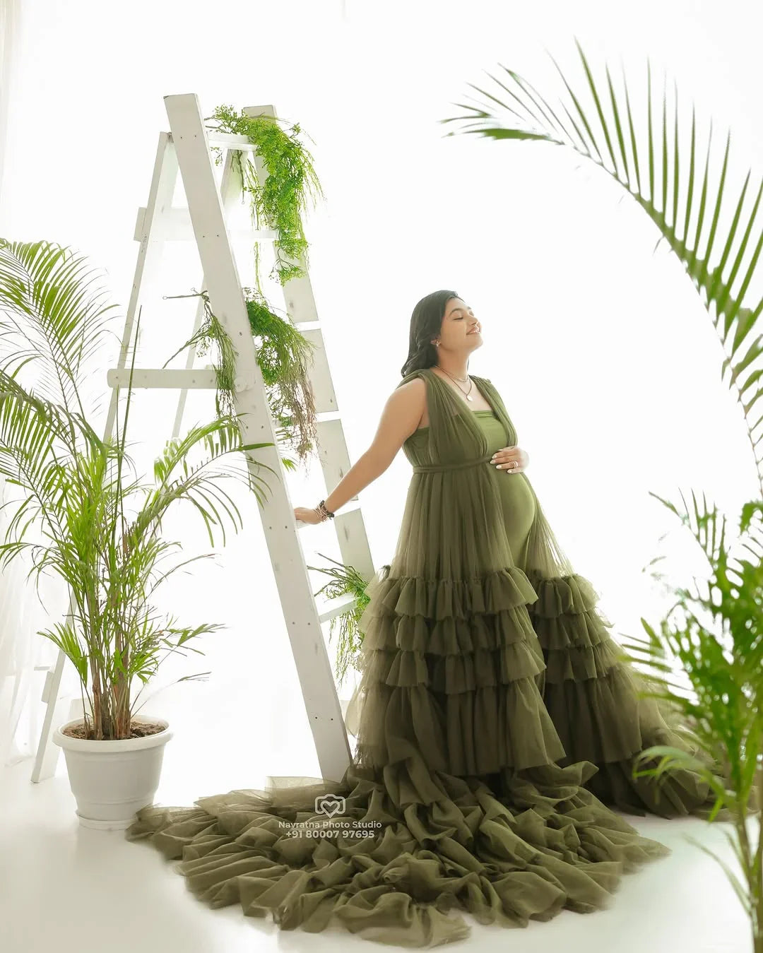 FlairNFrillz Delilah Olive Maternity Robe Gown with flowing fabric and tie waist, perfect for comfortable pregnancy wear.