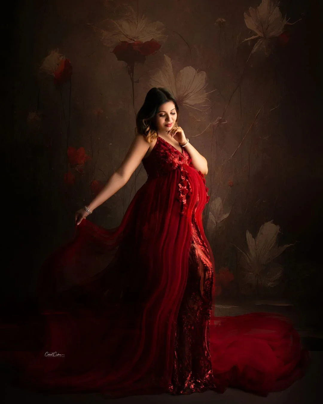 Maternity dress by FlairNFrillz, Ava Maroon Gown featuring a flowing fabric and elegant design, suitable for maternity wear.