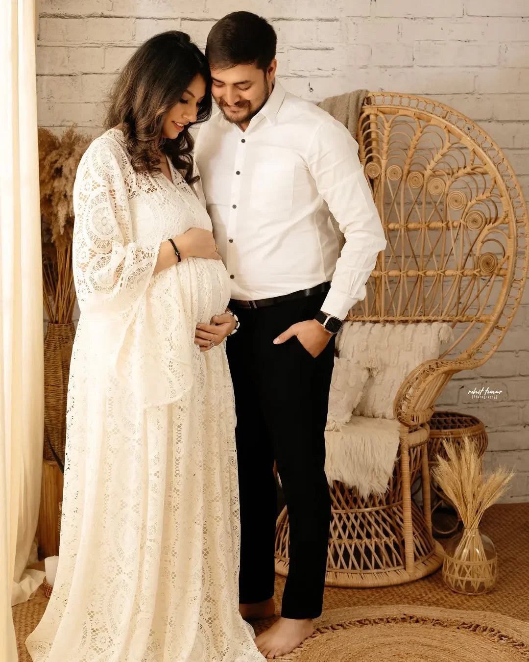 Zoya Boho Lace Gown by FlairNFrillz, a stylish maternity dress with delicate lace details and flowing fabric.
