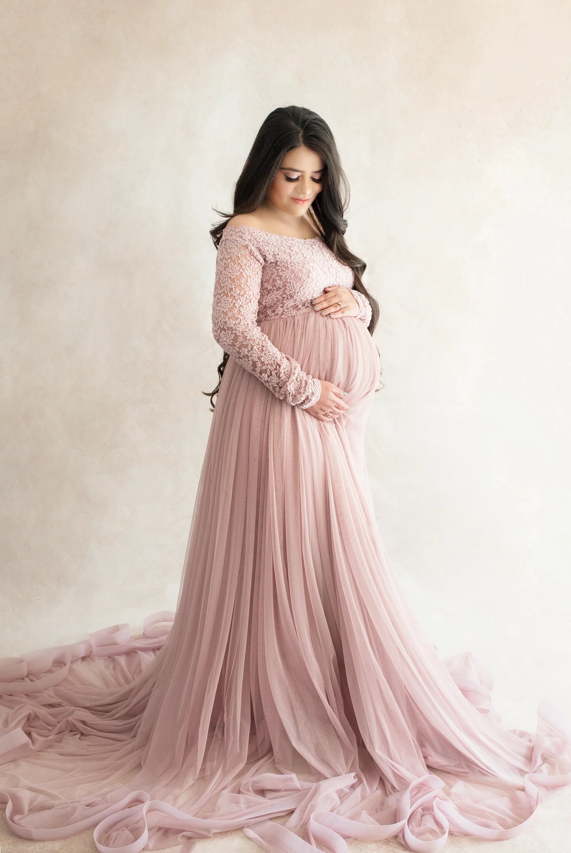 FlairNFrillz Dylan Pink Maternity Gown with flowing fabric and elegant design, ideal for expecting mothers.