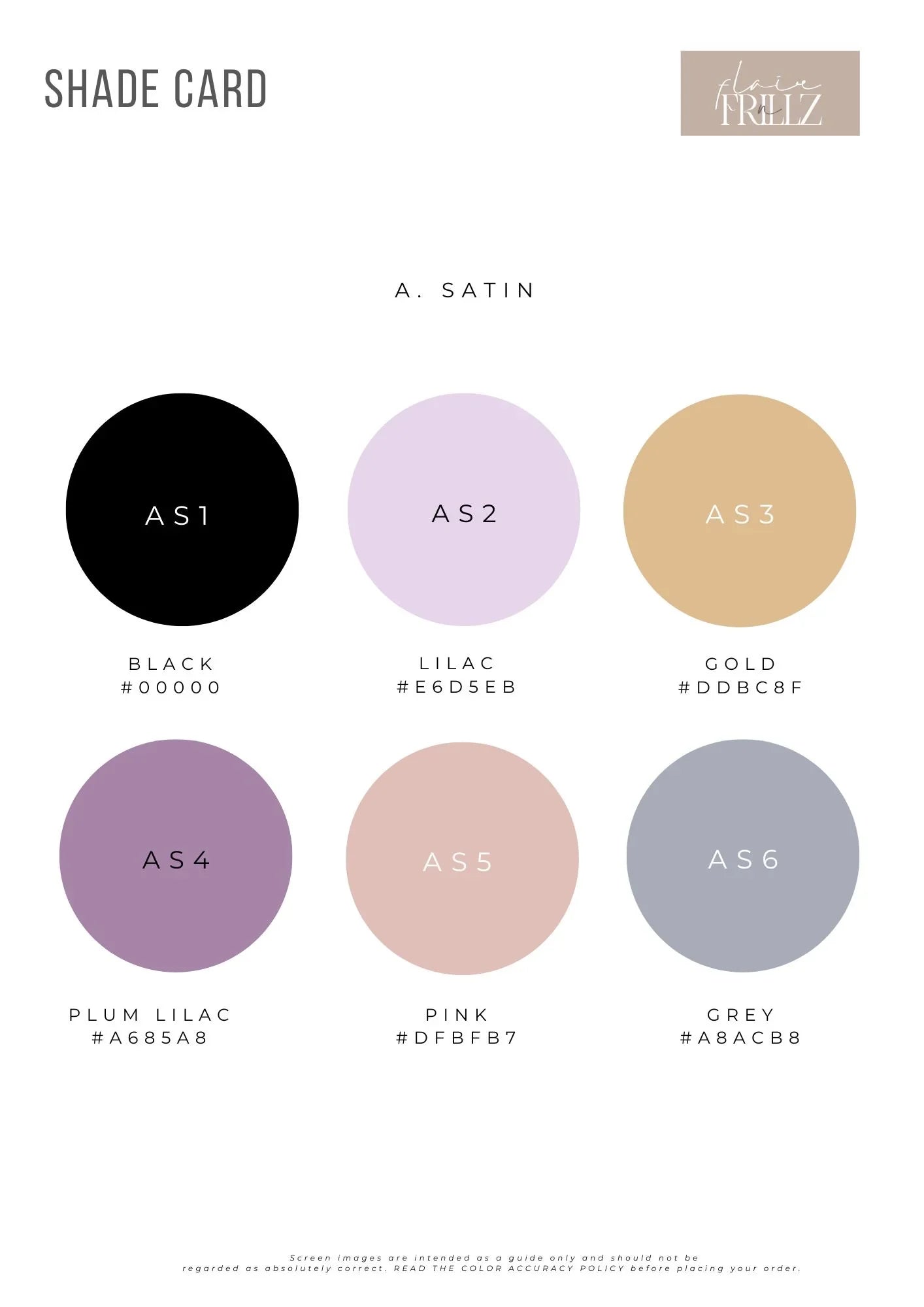 Satin fabric shade card showing black, lilac, gold, plum lilac, pink, and grey color samples.