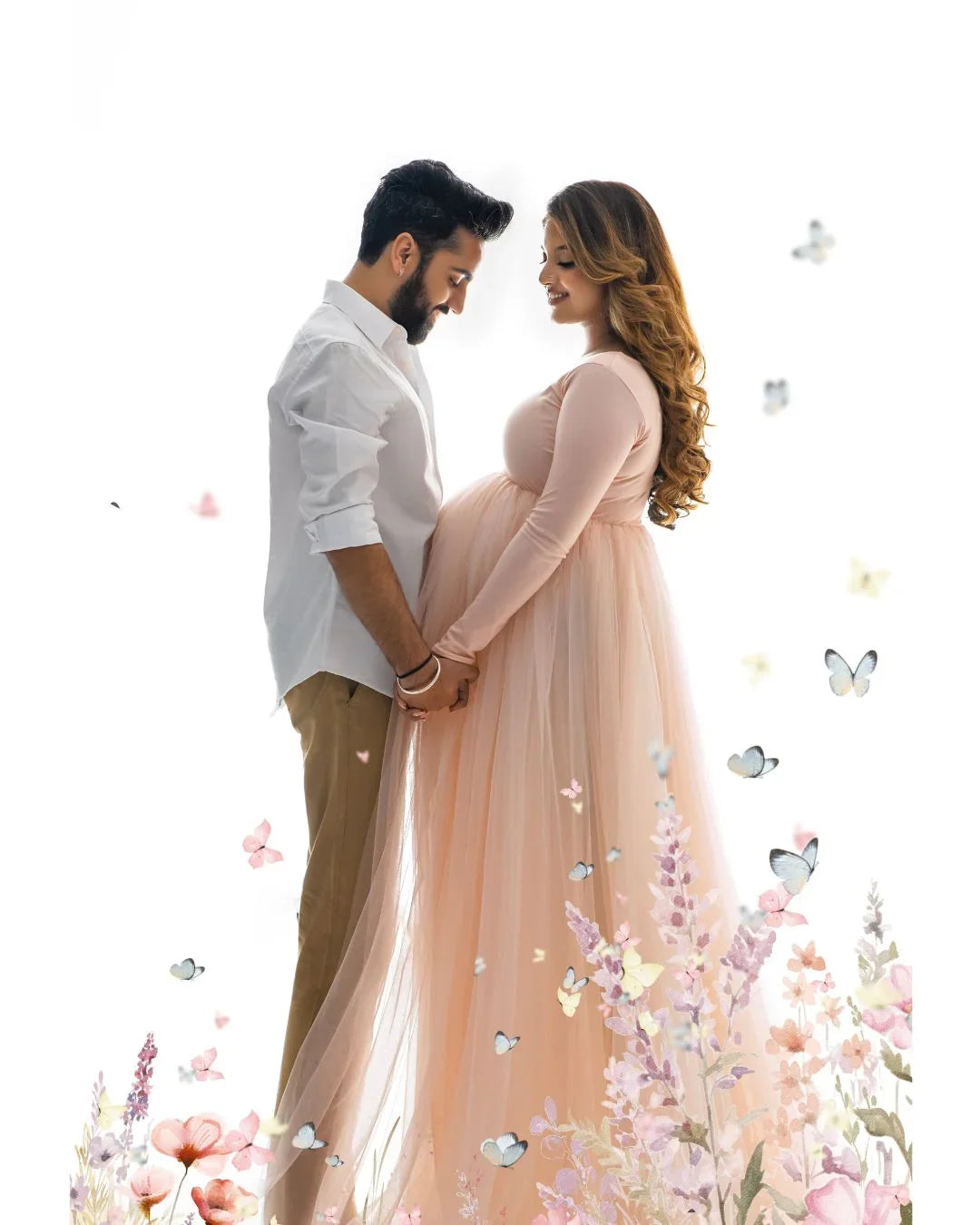 FlairNFrillz Indie Peach maternity gown featuring a flowing design and elegant style, perfect for expecting mothers.