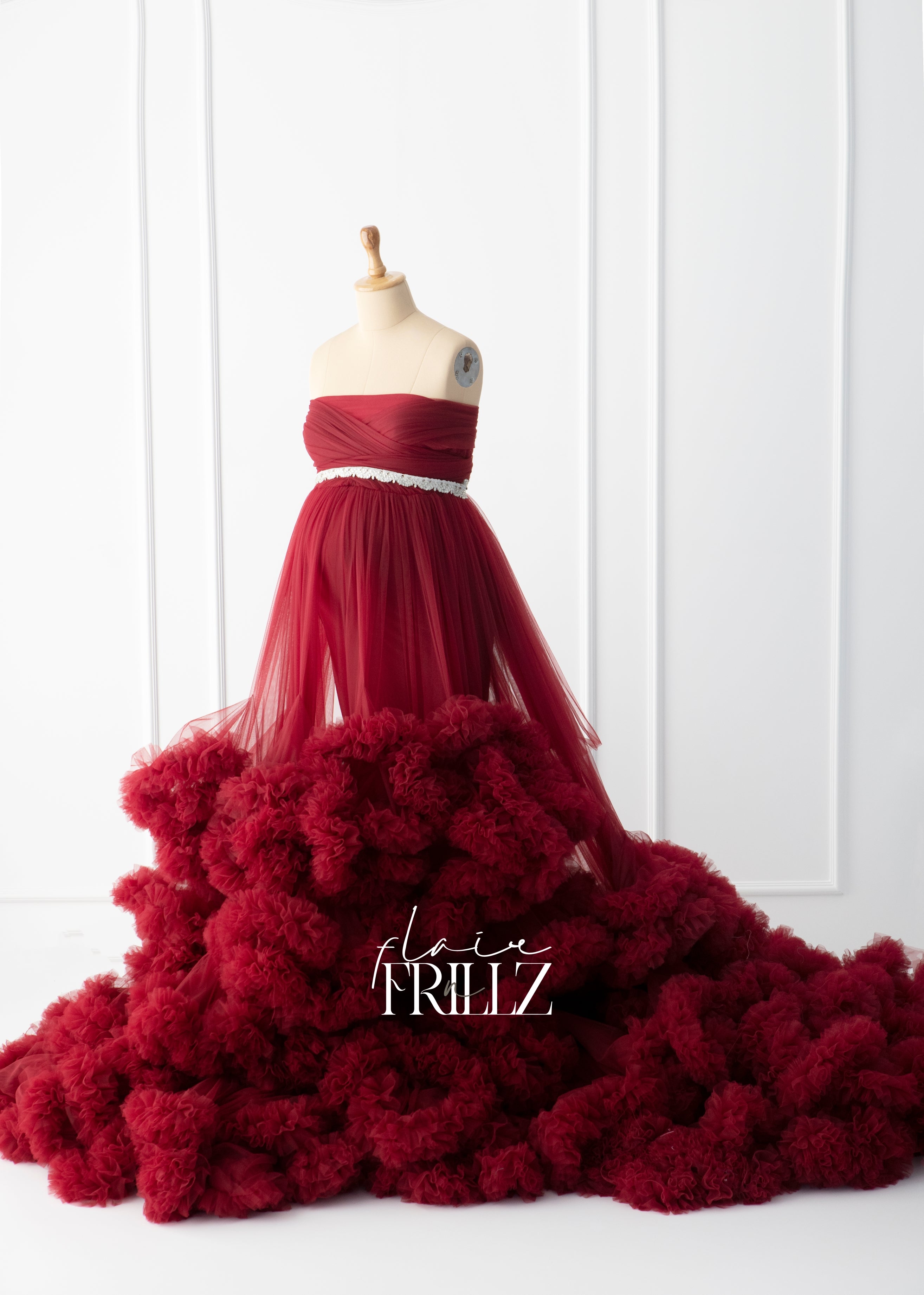 Maroon Frilly Convertible Top Gown