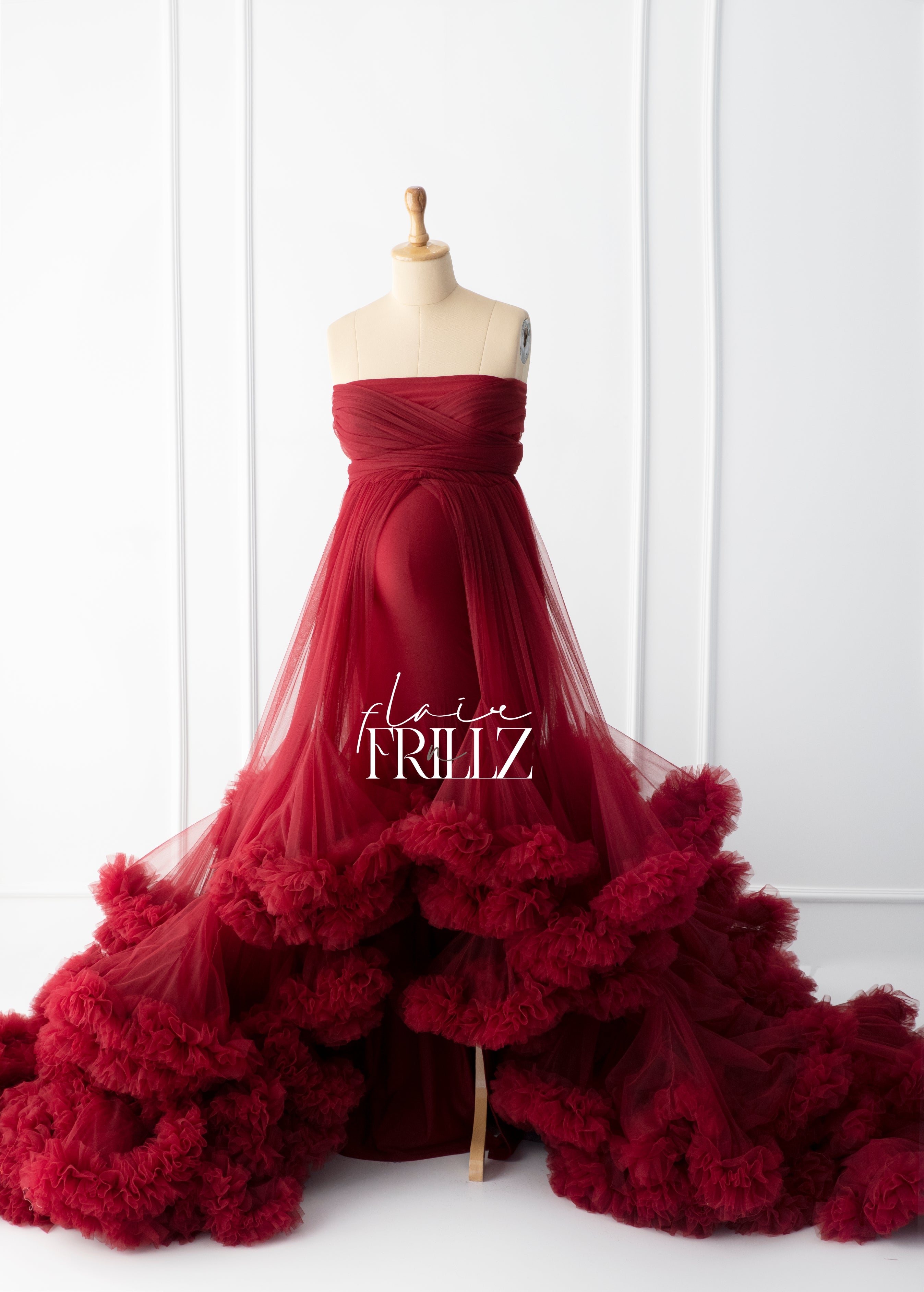 Maroon Frilly Convertible Top Gown