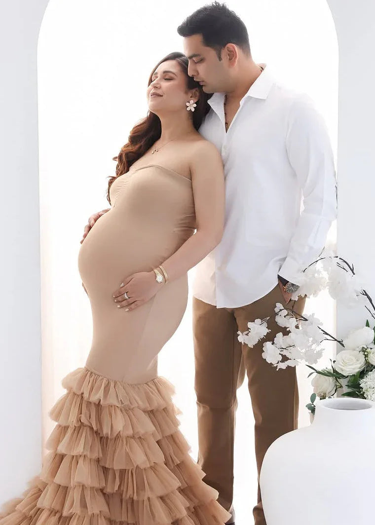 Ember Nude Maternity Dress by FlairNFrillz, flowing gown with soft fabric and elegant design for expecting mothers.