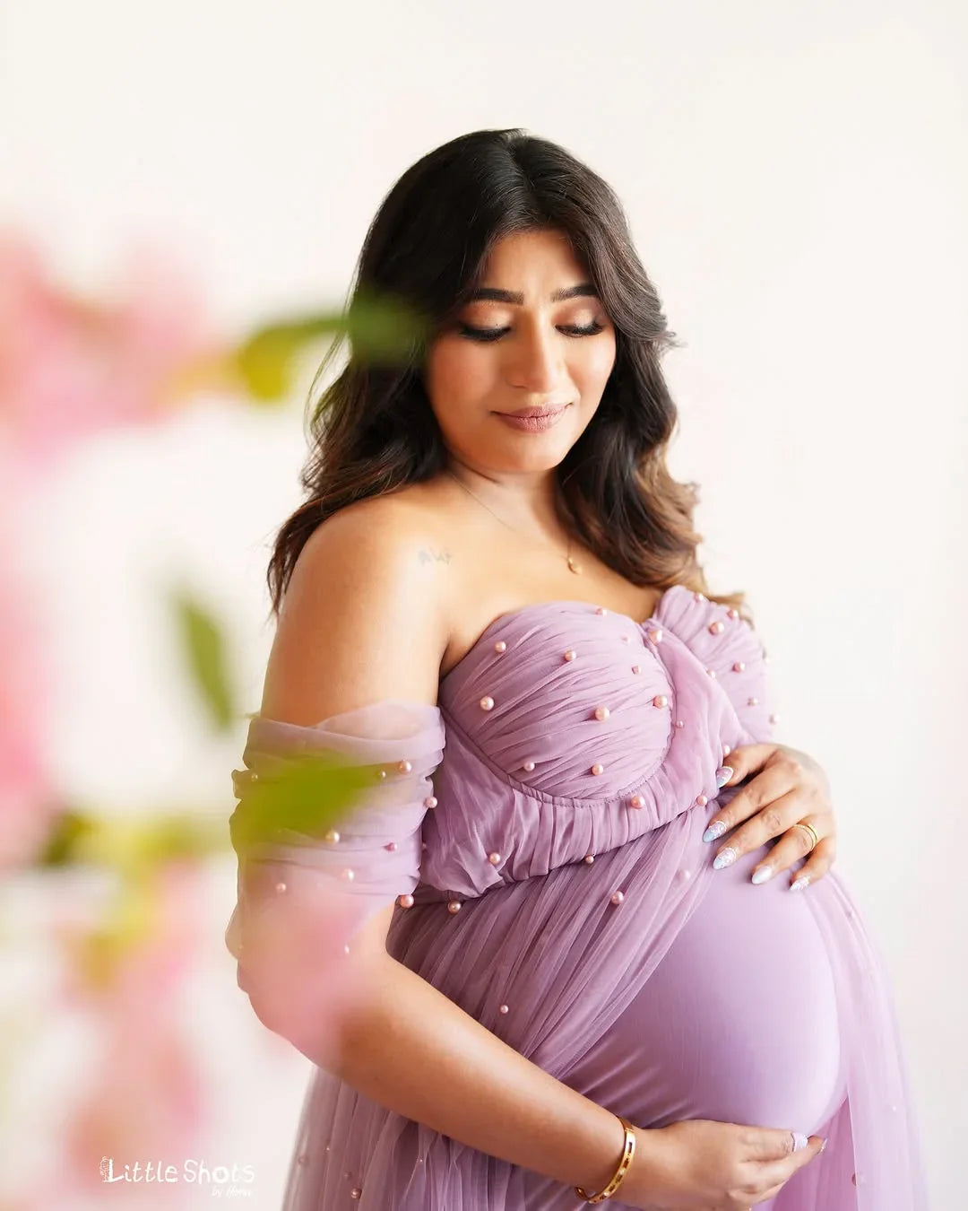 Sophia Mauve Pearl Maternity Gown by FlairNFrillz featuring elegant mauve fabric and pearl details, perfect for special occasions.