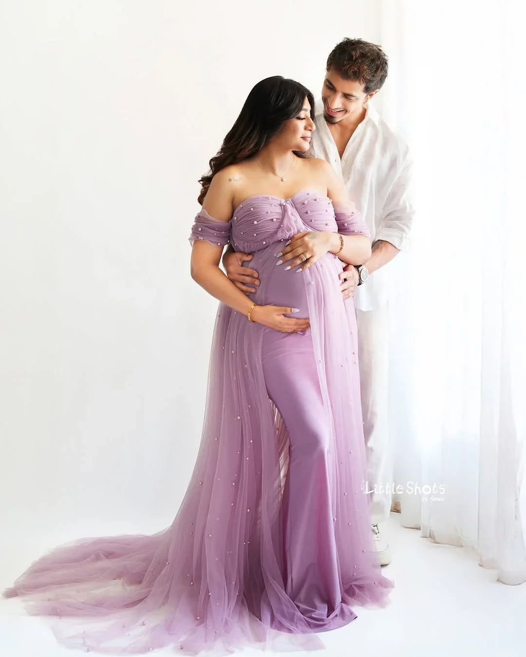 Sophia Mauve Pearl Maternity Gown by FlairNFrillz, flowing dress with pearl embellishments, designed for expecting mothers.