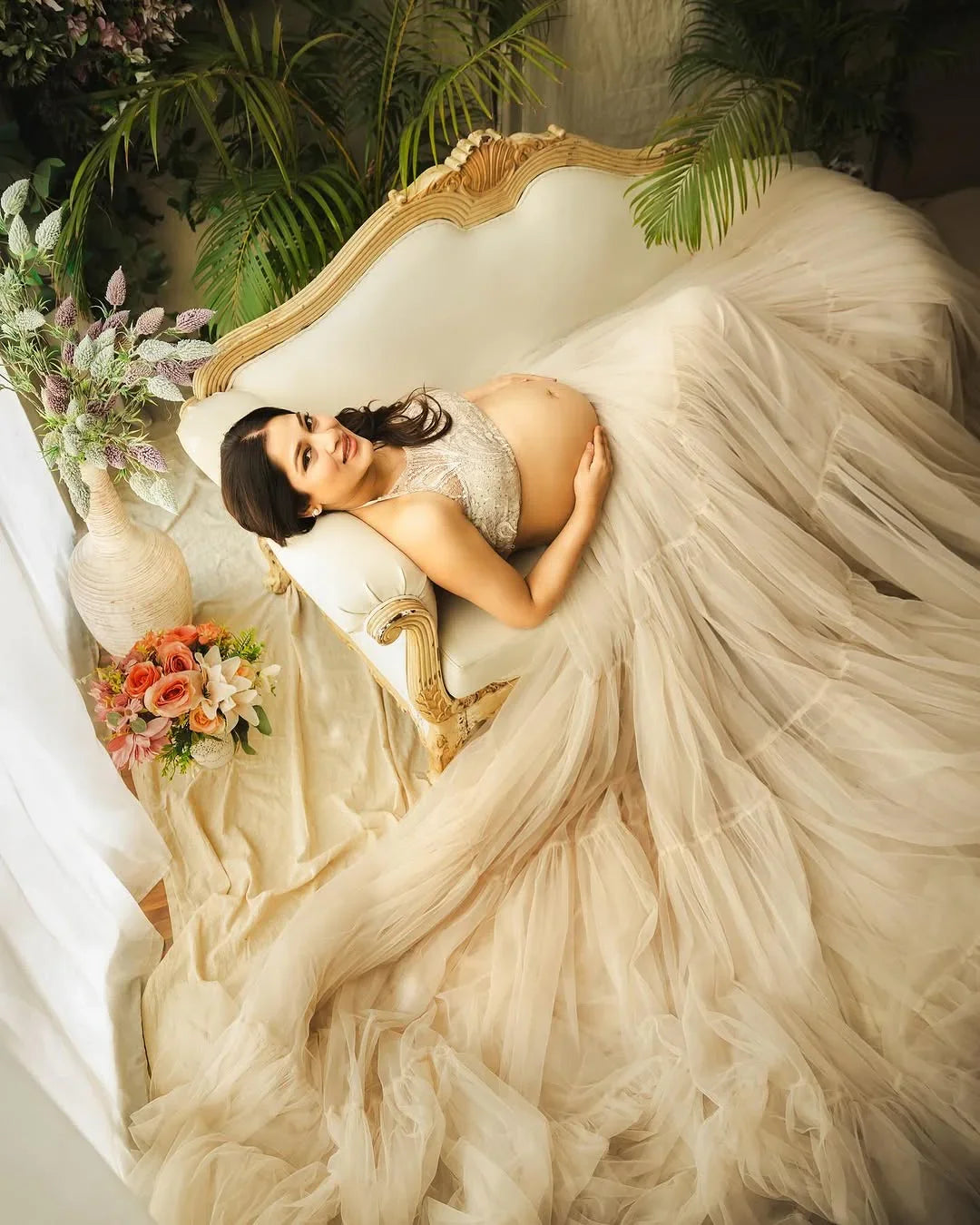 White Molly Ash maternity gown by FlairNFrillz, flowing fabric with a fitted bodice and elegant design for expecting mothers.
