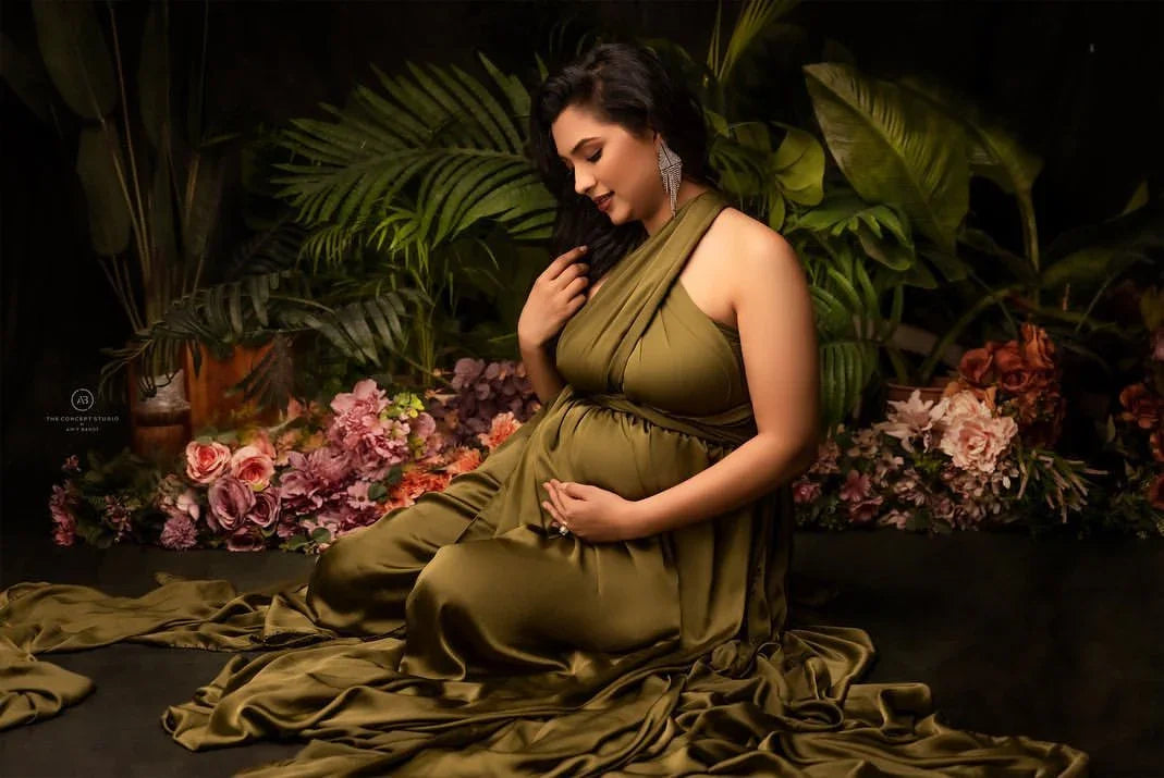 Evie Green Maternity Gown by FlairNFrillz, flowing maternity dress with elegant fabric and comfortable fit for expectant mothers.