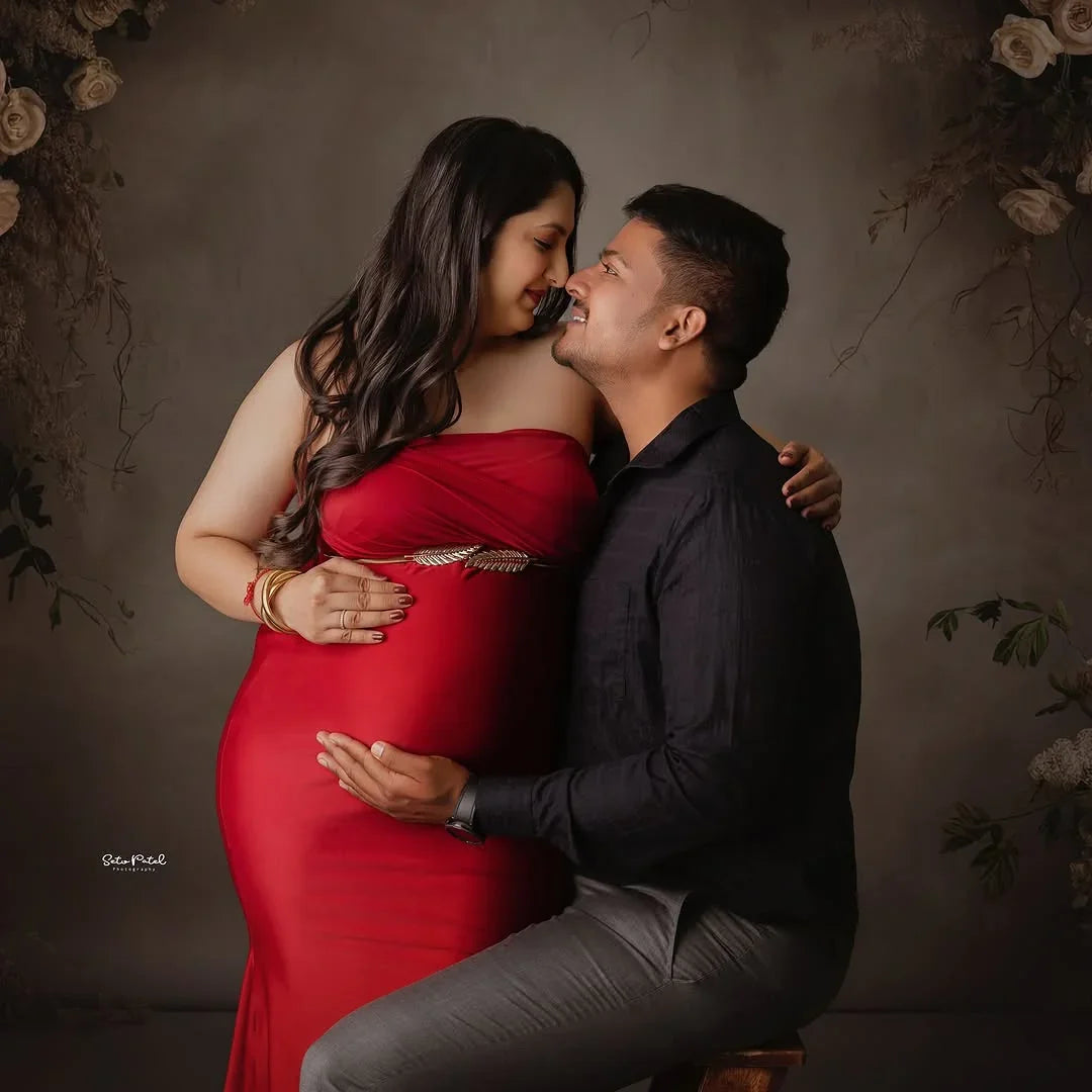 Red maternity robe gown by FlairNFrillz, featuring soft fabric and flowing design, perfect for comfort and style during pregnancy.