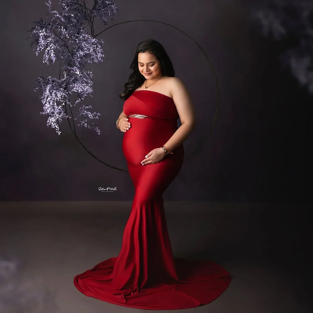 Lyla Red Maternity Robe Gown by FlairNFrillz, soft fabric, flowing design, perfect for expecting mothers, displayed on a hanger.