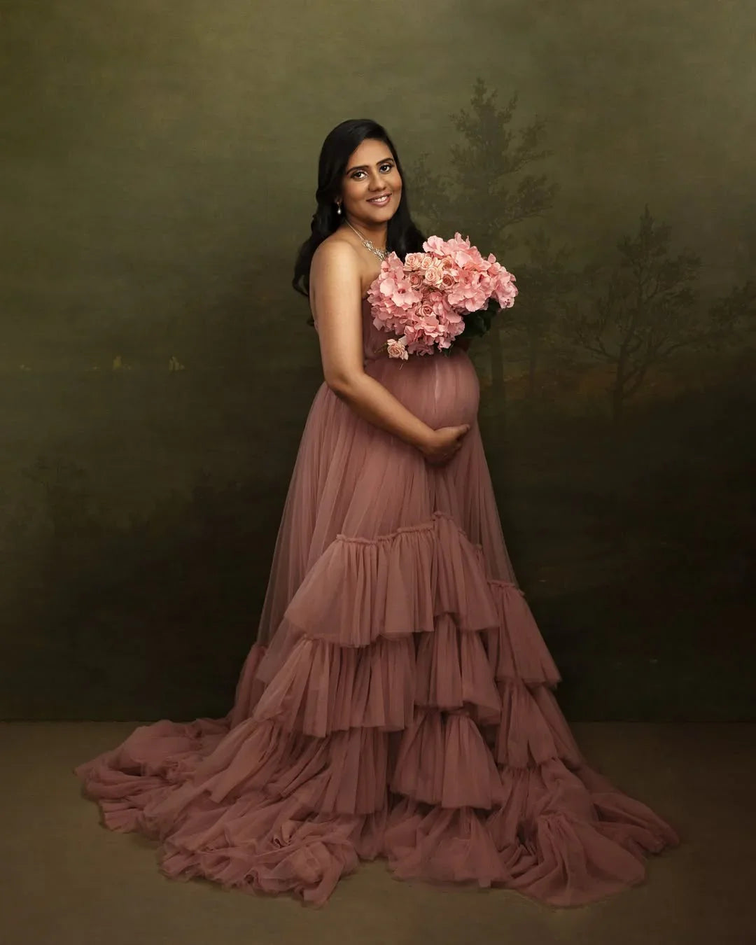 Mauve maternity gown by FlairNFrillz with flowing fabric and elegant design, perfect for expecting mothers.