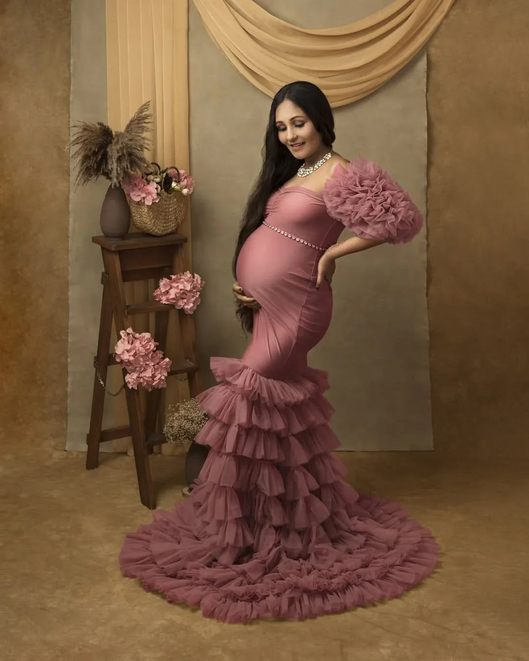 Ember Pink maternity gown by FlairNFrillz, flowing maternity dress with elegant design, perfect for expecting mothers, shown in image.