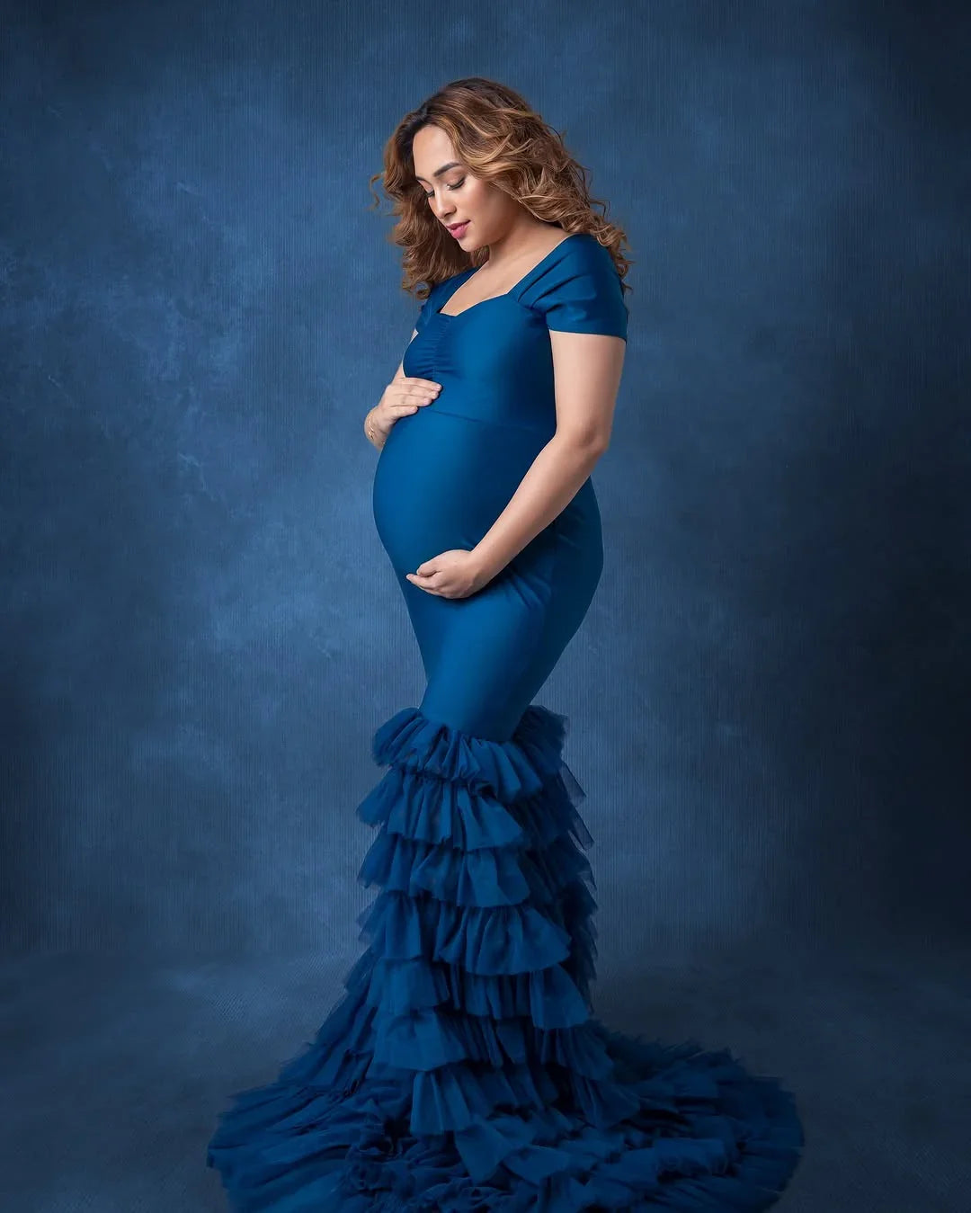 FlairNFrillz Ember Teal maternity gown with flowing fabric and elegant design, perfect for maternity wear and special occasions.
