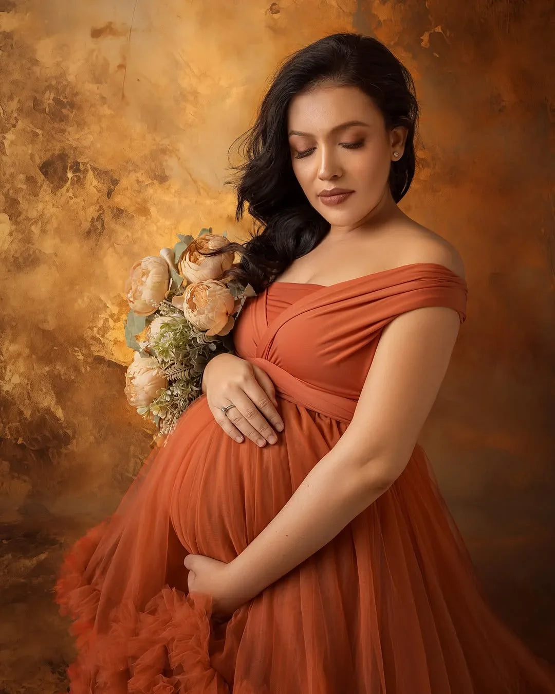 Taylor Rust convertible maternity gown by FlairNFrillz, shown in rust color with flowing fabric and elegant design.