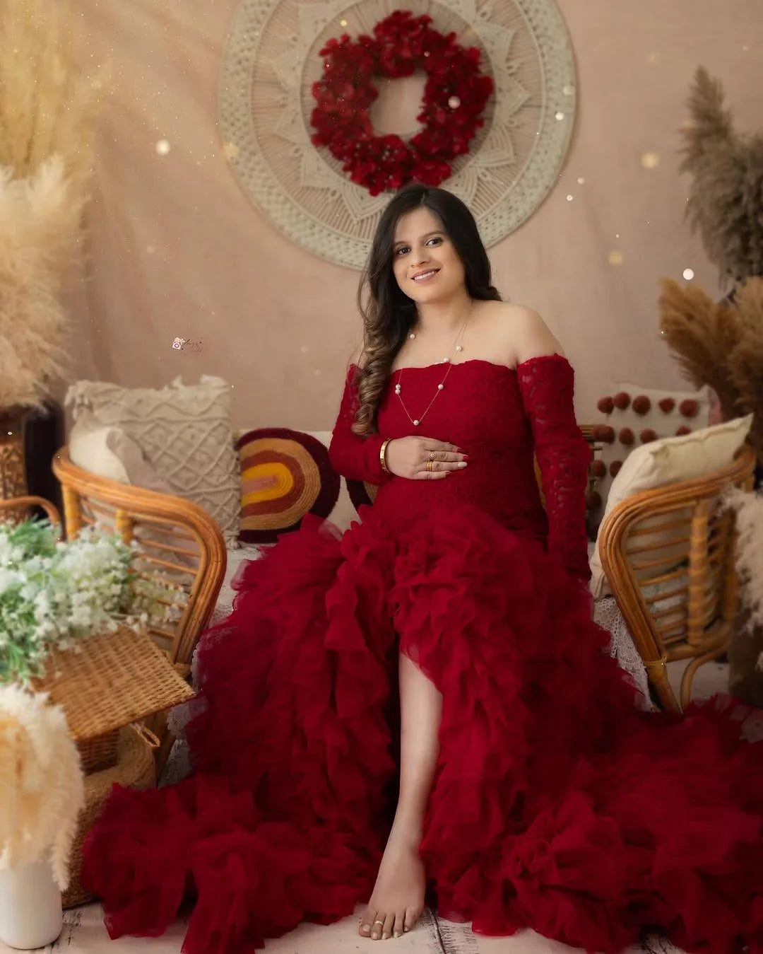 FlairNFrillz Raya Fishtail Maternity Dress featuring a flowing fabric and elegant fishtail design, perfect for special occasions.